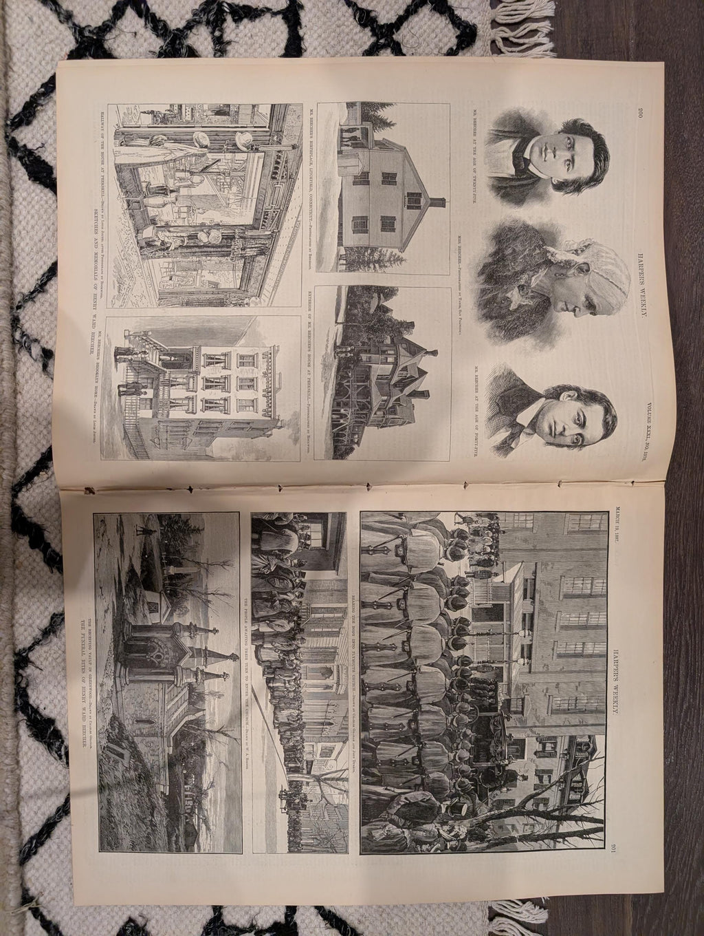Harper’s Weekly – March 19, 1887 – Henry Ward Beecher Funeral, Geronimo’s Son, Cavalry Charge Centerfold, Fires, Portraits, & More