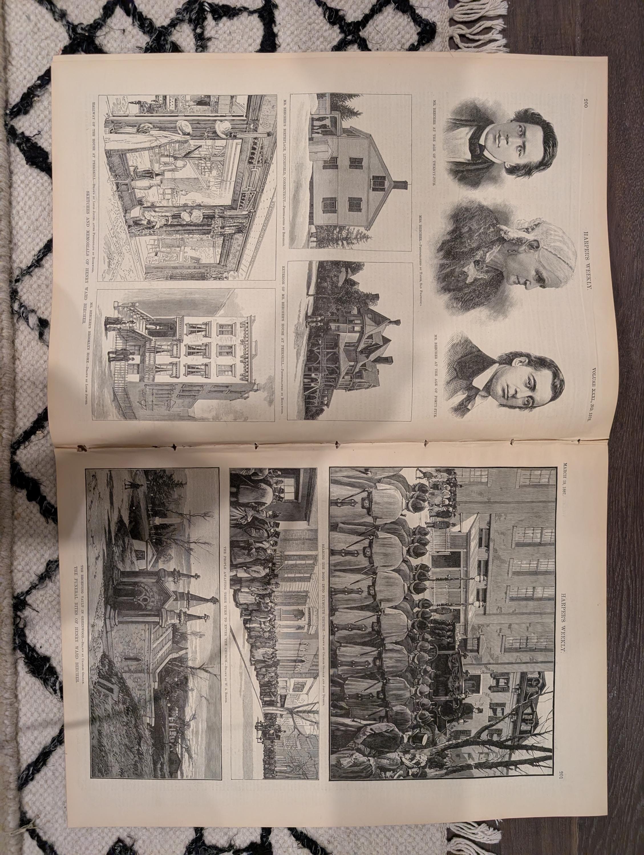 Harper’s Weekly – March 19, 1887 – Henry Ward Beecher Funeral, Geronimo’s Son, Cavalry Charge Centerfold, Fires, Portraits, & More