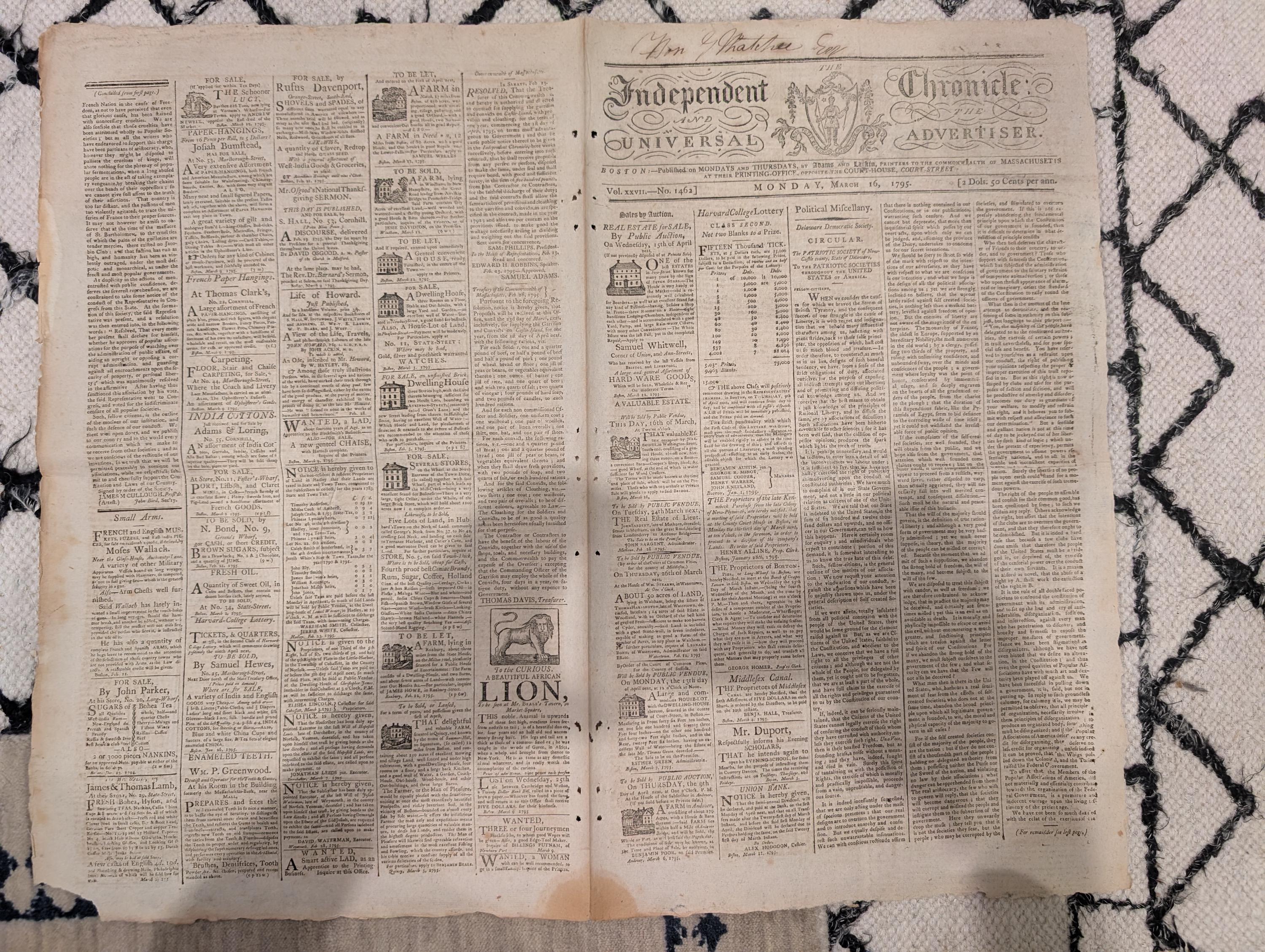 ASSOCIATION — Owned by a Founding-Era U.S. Congressman, Boston, March 16, 1795 — The Independent Chronicle & Universal