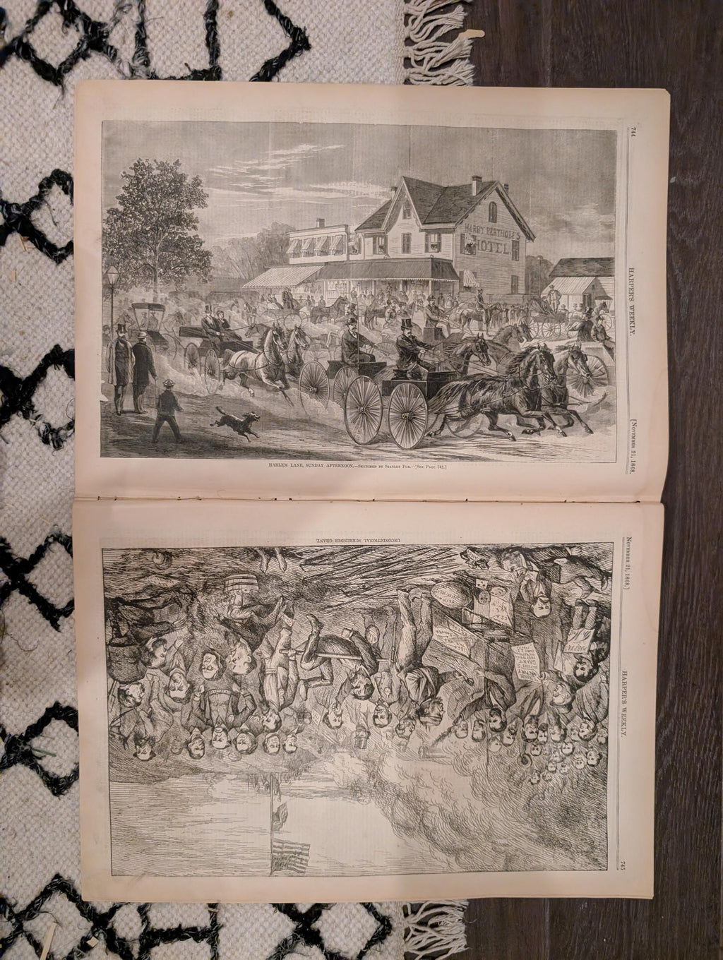Harper’s Weekly – November 21, 1868 – YMCA Cornerstone • Petroleum Nasby • Adirondack Scenes • Texas Mustangs • Arica Earthquake