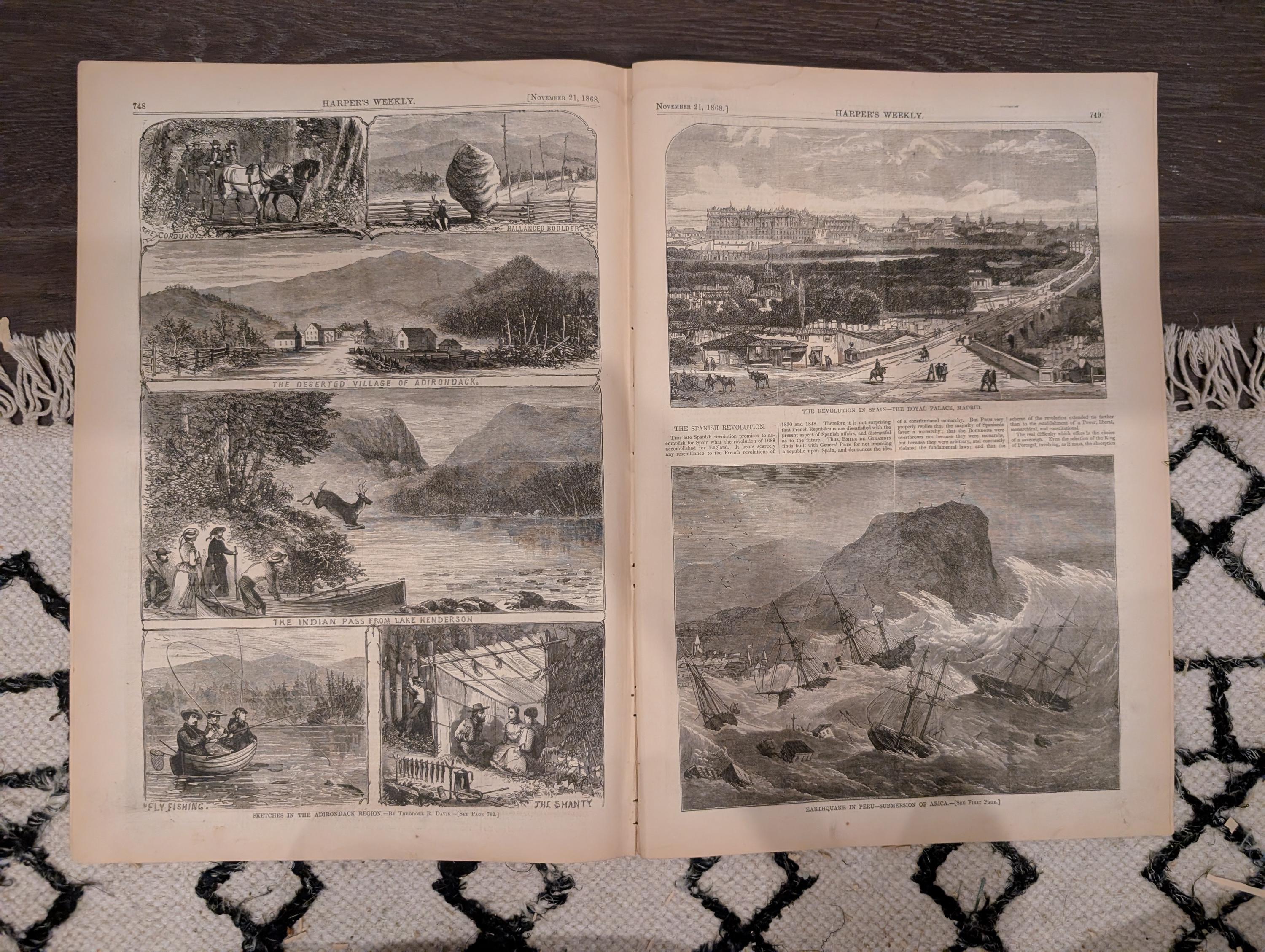 Harper’s Weekly – November 21, 1868 – YMCA Cornerstone • Petroleum Nasby • Adirondack Scenes • Texas Mustangs • Arica Earthquake