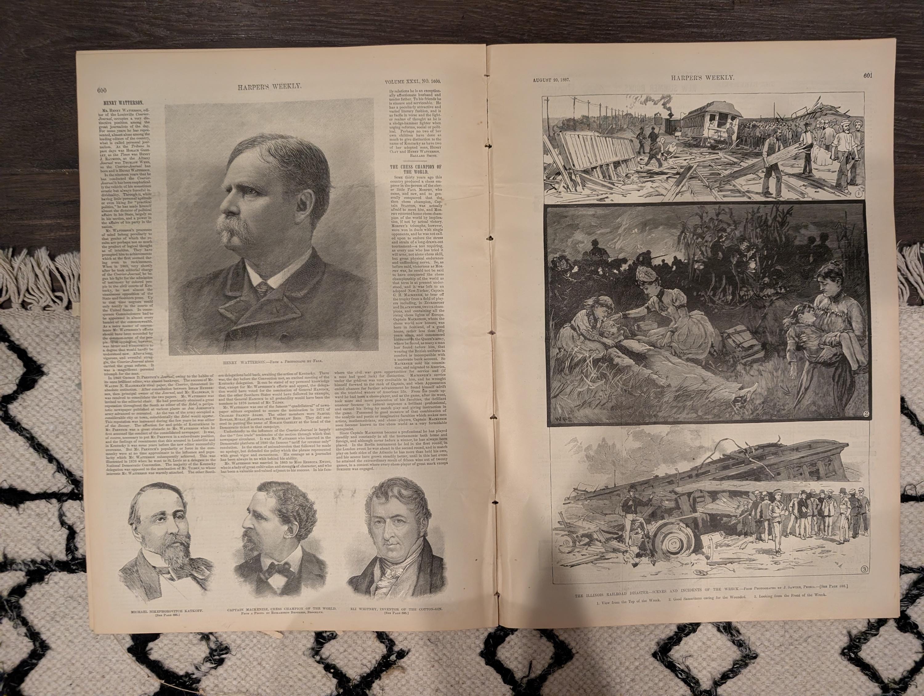 Harper’s Weekly – August 20, 1887 – Illinois Railroad Disaster, Cotton Picking in the South, Great Northern Views, Pears Soap Ad & More