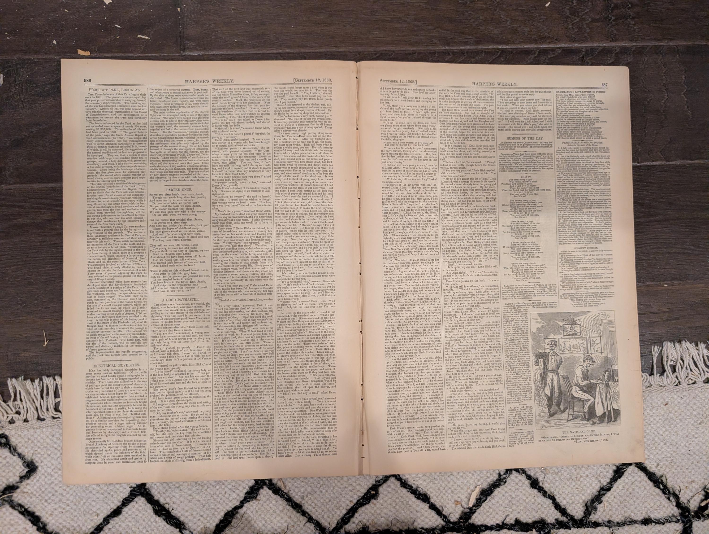 Harper’s Weekly – September 12, 1868 – Lincoln’s Tomb • Martha’s Vineyard Camp Meeting • Prospect Park Views • Bird Hunting • NYC Street Lif
