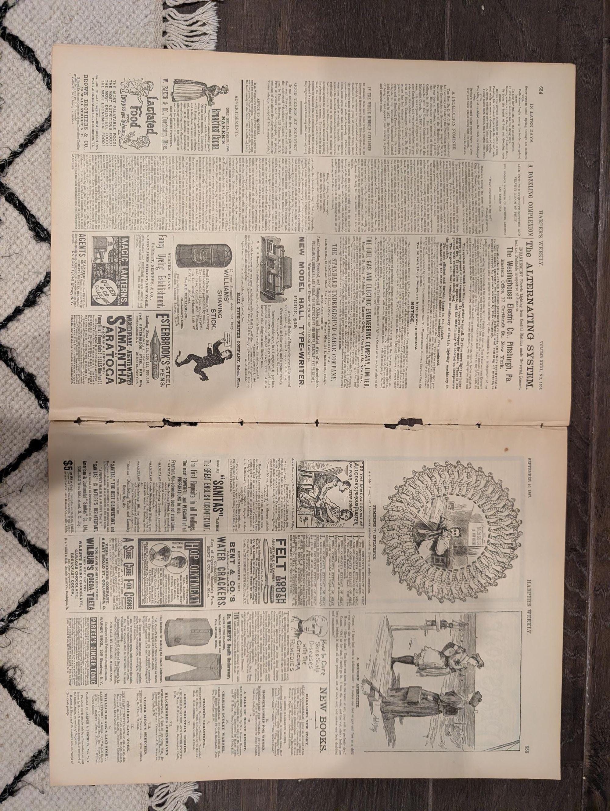 1887 Early Baseball, Harpers Weekly September 10  Iconic Thrown Out On Second Baseball Centerfold, Fortress Monroe Cover, Castine Maine