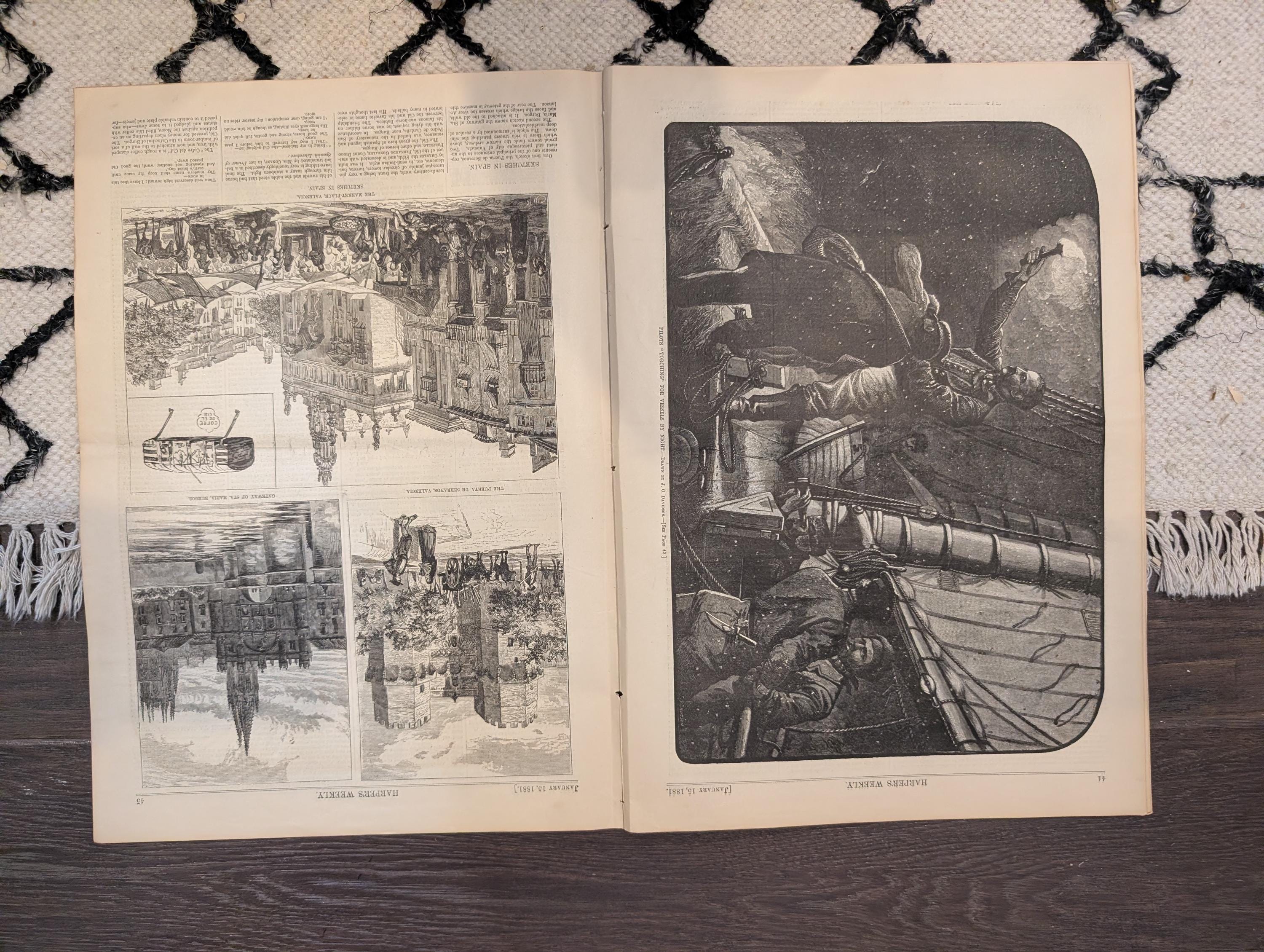 1881 Life Boat Drill at Sea, Pilots Torching Night, Sketches Spain, Aunt Chloe — Jan 15