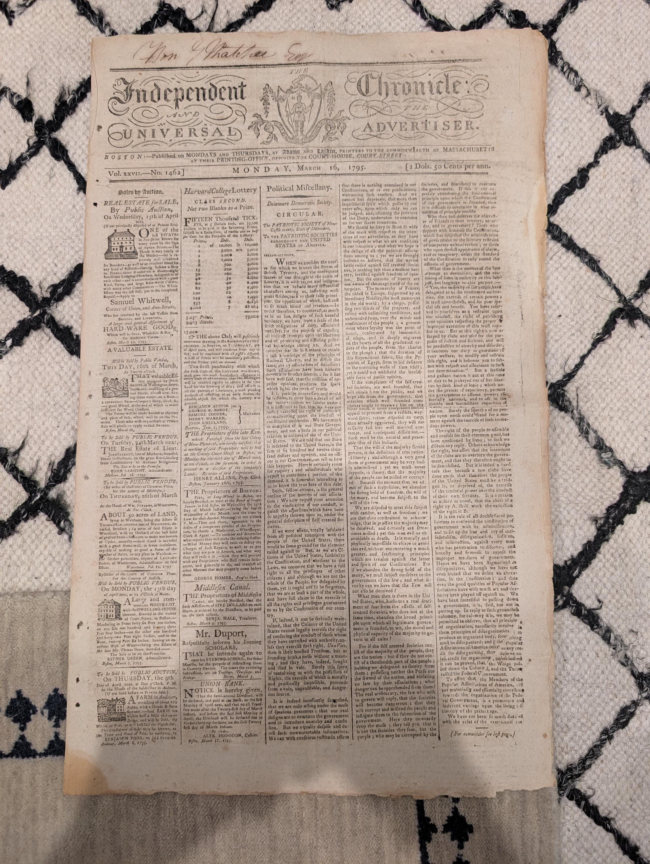 ASSOCIATION — Owned by a Founding-Era U.S. Congressman, Boston, March 16, 1795 — The Independent Chronicle & Universal