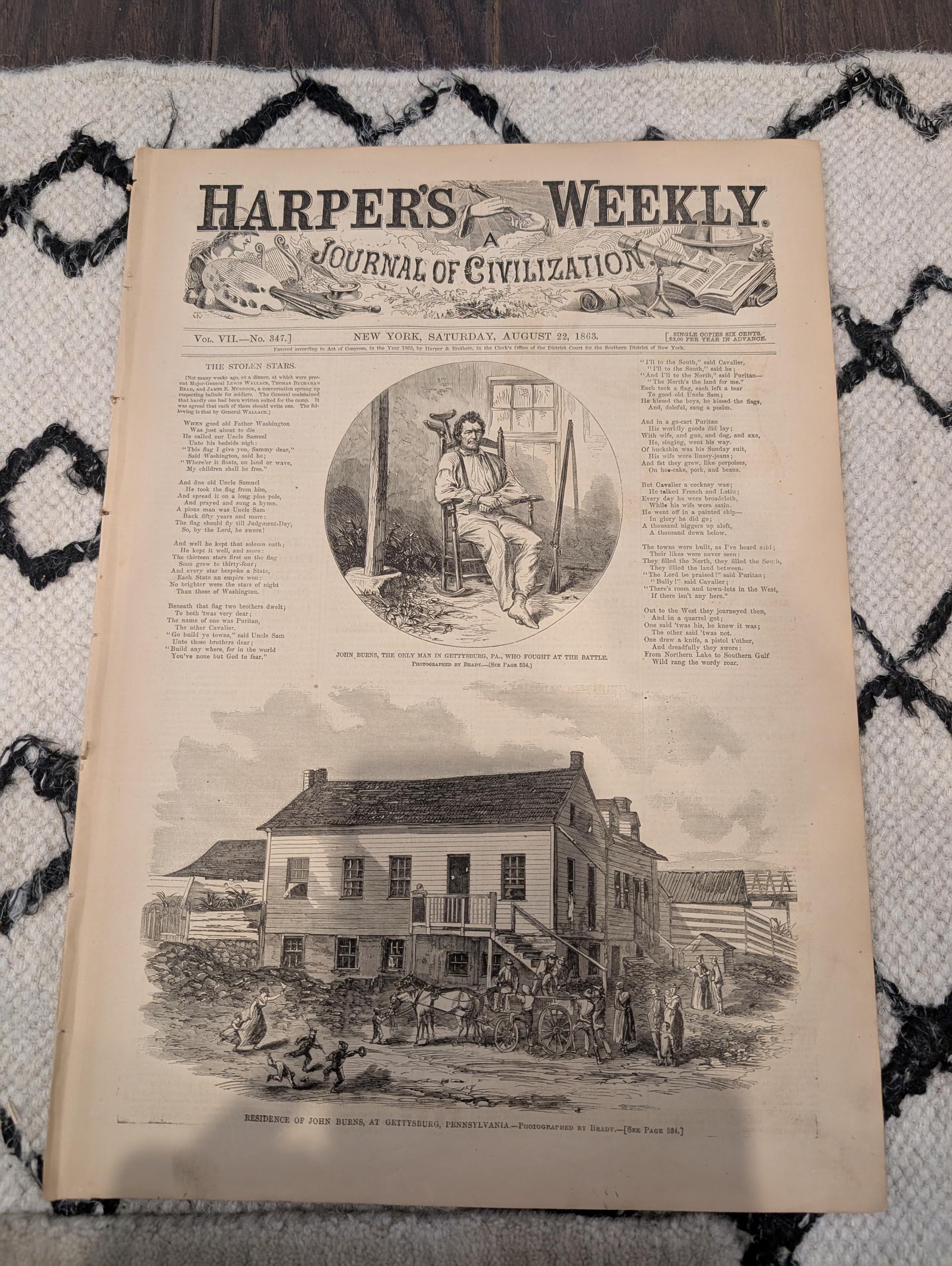 Harper’s Weekly, August 22, 1863 – John Burns of Gettysburg, Morris Island Charleston, Thomas Nast – Civil War Newspaper