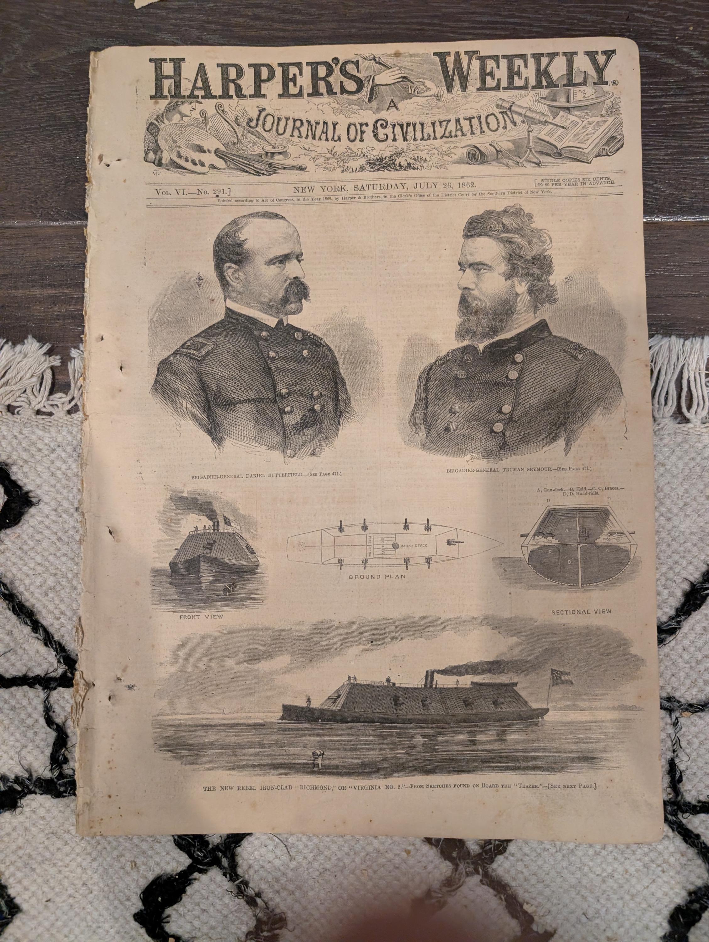 Harper’s Weekly – July 26, 1862 • Battle of Malvern Hill • Rebel Ironclad “Virginia #2” • Vicksburg Bombardment, Lincoln’s Compensation Plan