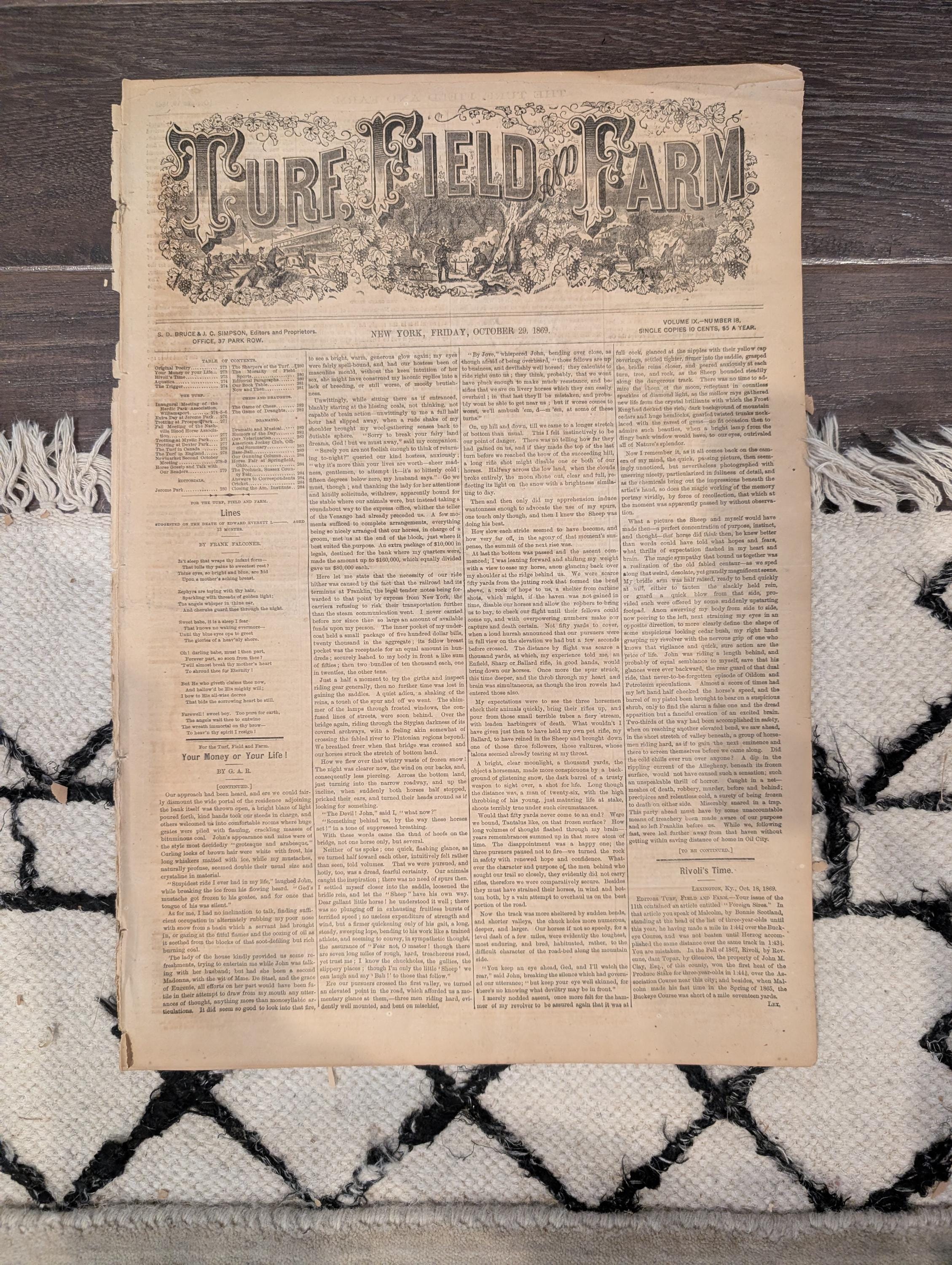 1869 Turf Field and Farm — Jerome Park Races, Guelph Canada, Chess, Baseball, Oct 29