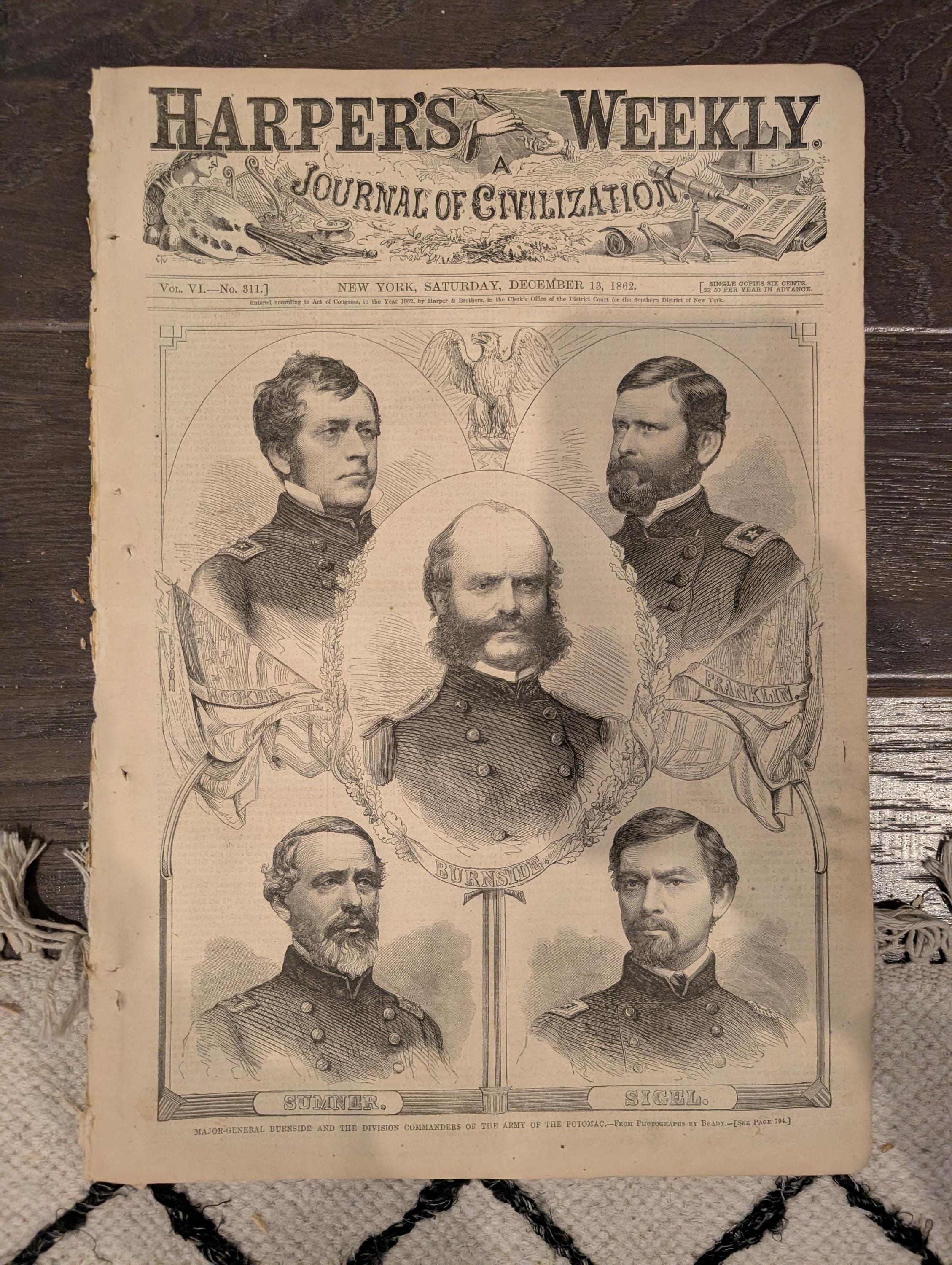 Harper’s Weekly – December 13, 1862 – Burnside & Commanders • Fredericksburg March • Petersburg, VA