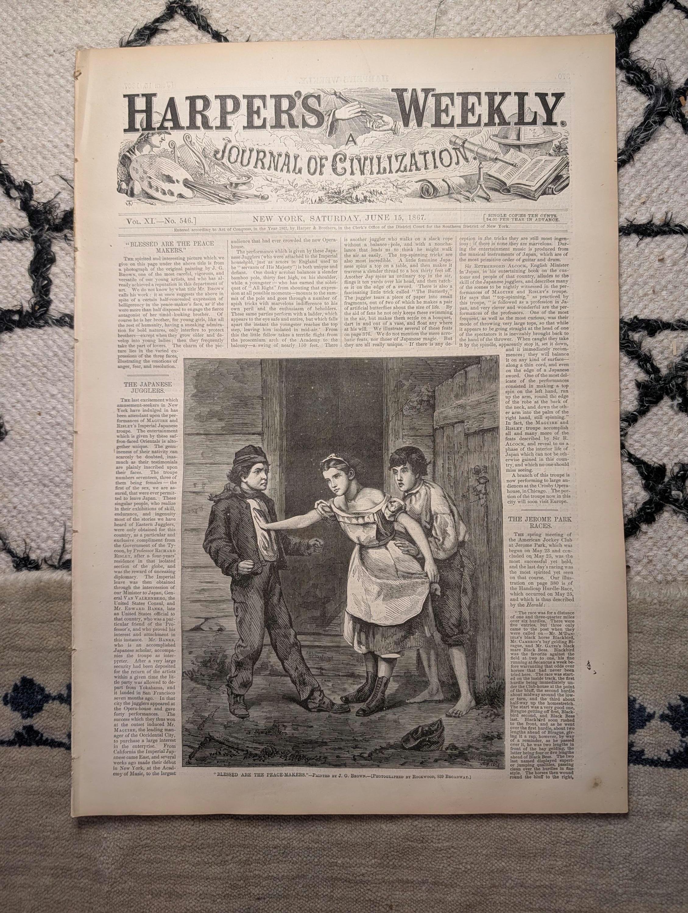 1867 Kansas Pacific Railroad Scenes, Nast "Infanticide," Japanese Acrobat Jun 15