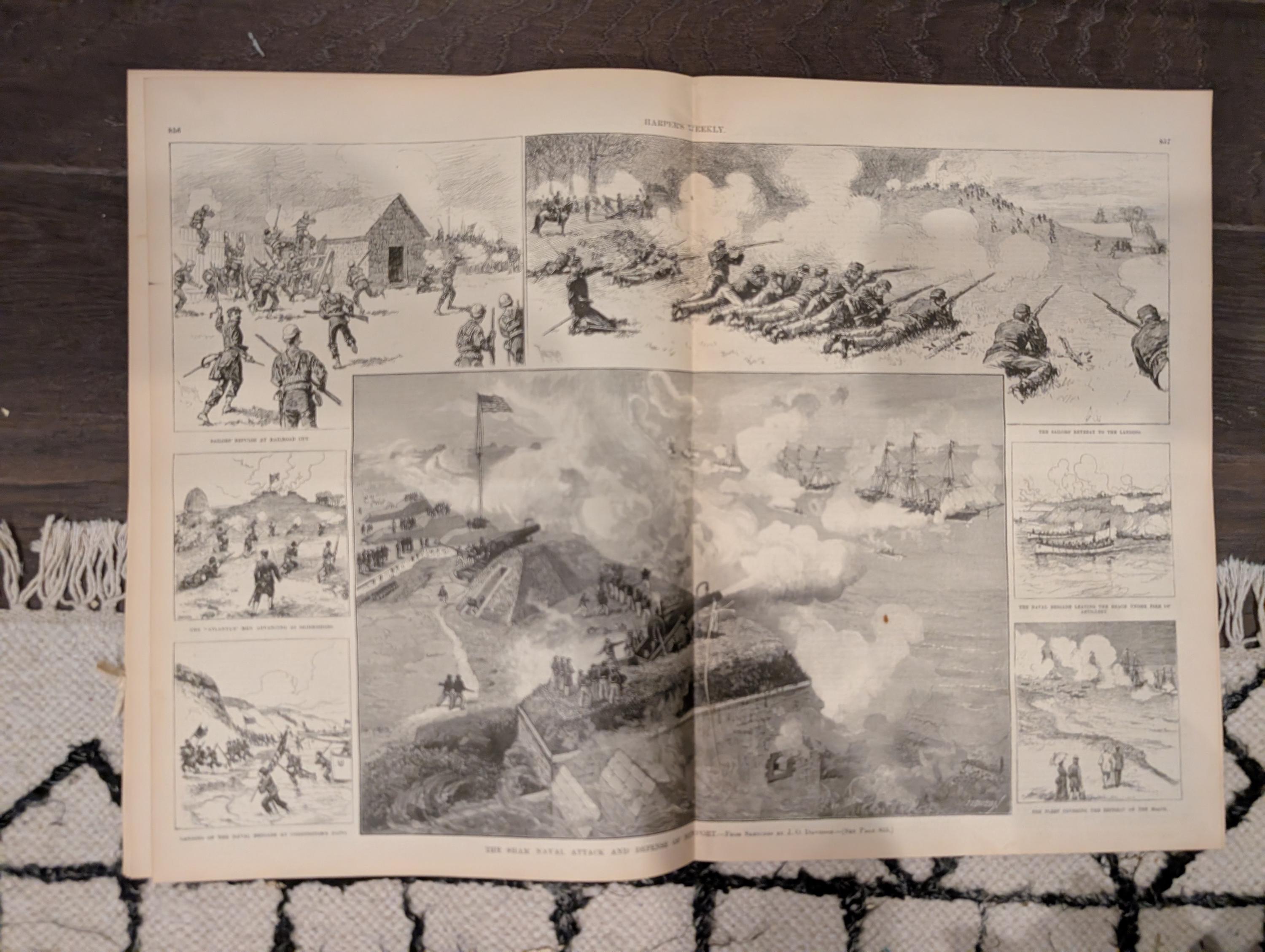 1887 Early Football and Baseball Harper’s Weekly Nov 26 – Remington Football Cover, San Francisco Baseball, Wild Hog Hunt, Naval Battle Scen