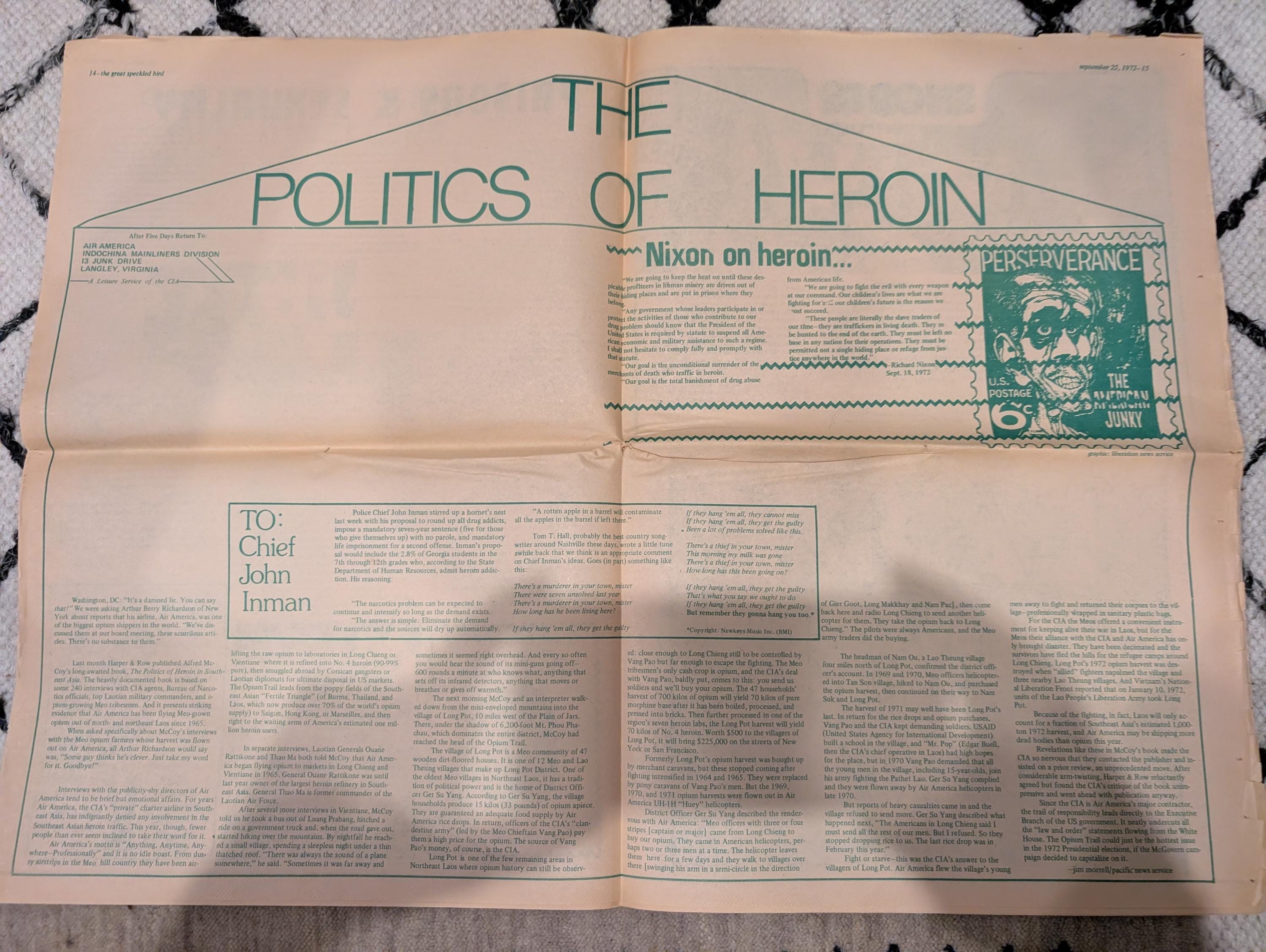 The Great Speckled Bird | September 25, 1972 | Underground Atlanta Newspaper | Labor Strikes, Palestine, Cheech & Chong, Al Green