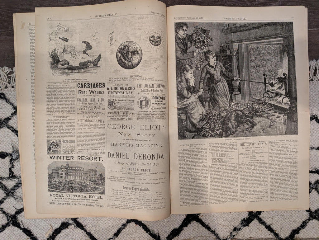 Harper’s Weekly January 29, 1876 – Victorian Engravings, Deer Stalking, Iceland Scenes, Elephant Fight, Smugglers Chase