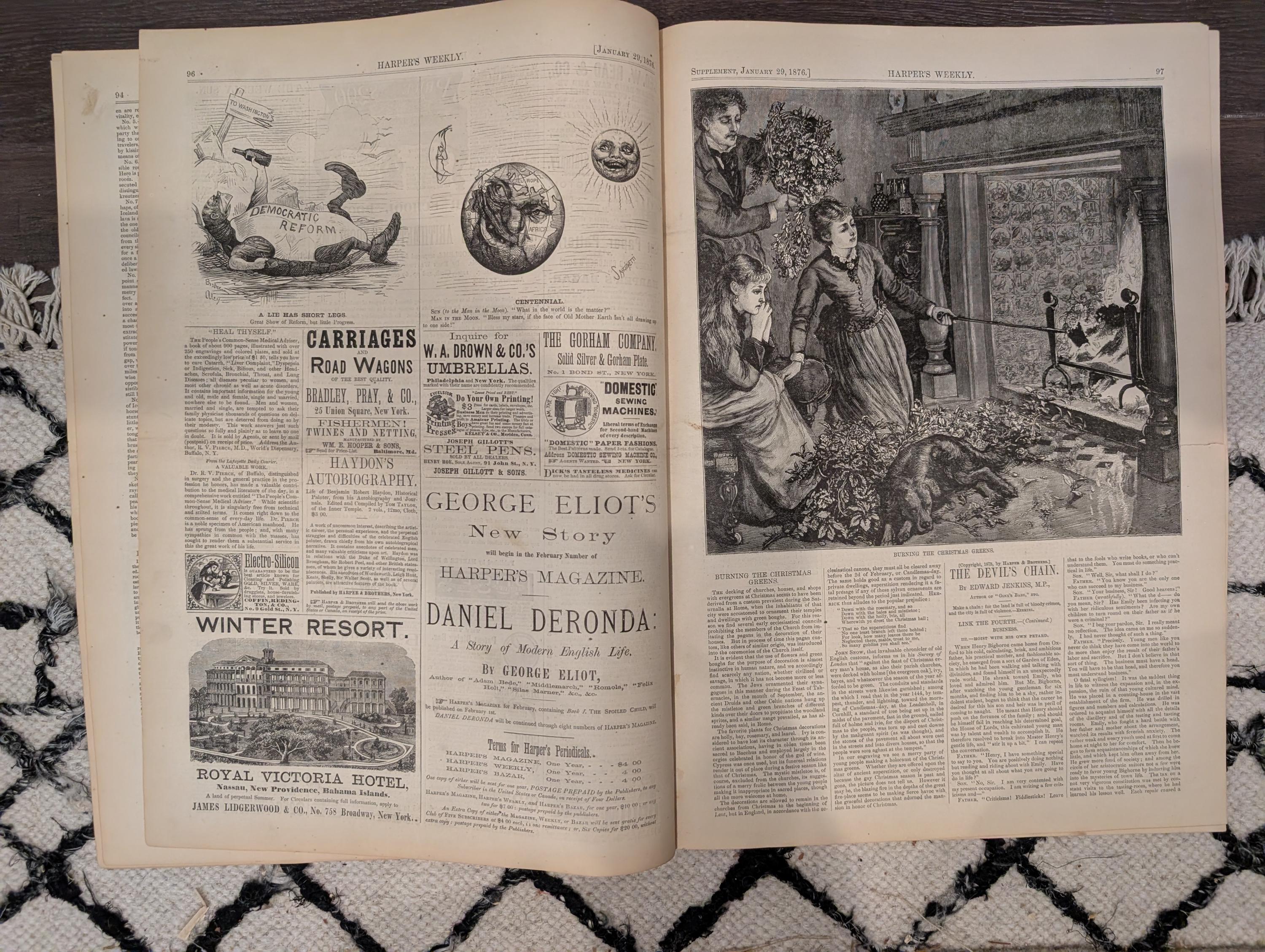 Harper’s Weekly January 29, 1876 – Victorian Engravings, Deer Stalking, Iceland Scenes, Elephant Fight, Smugglers Chase
