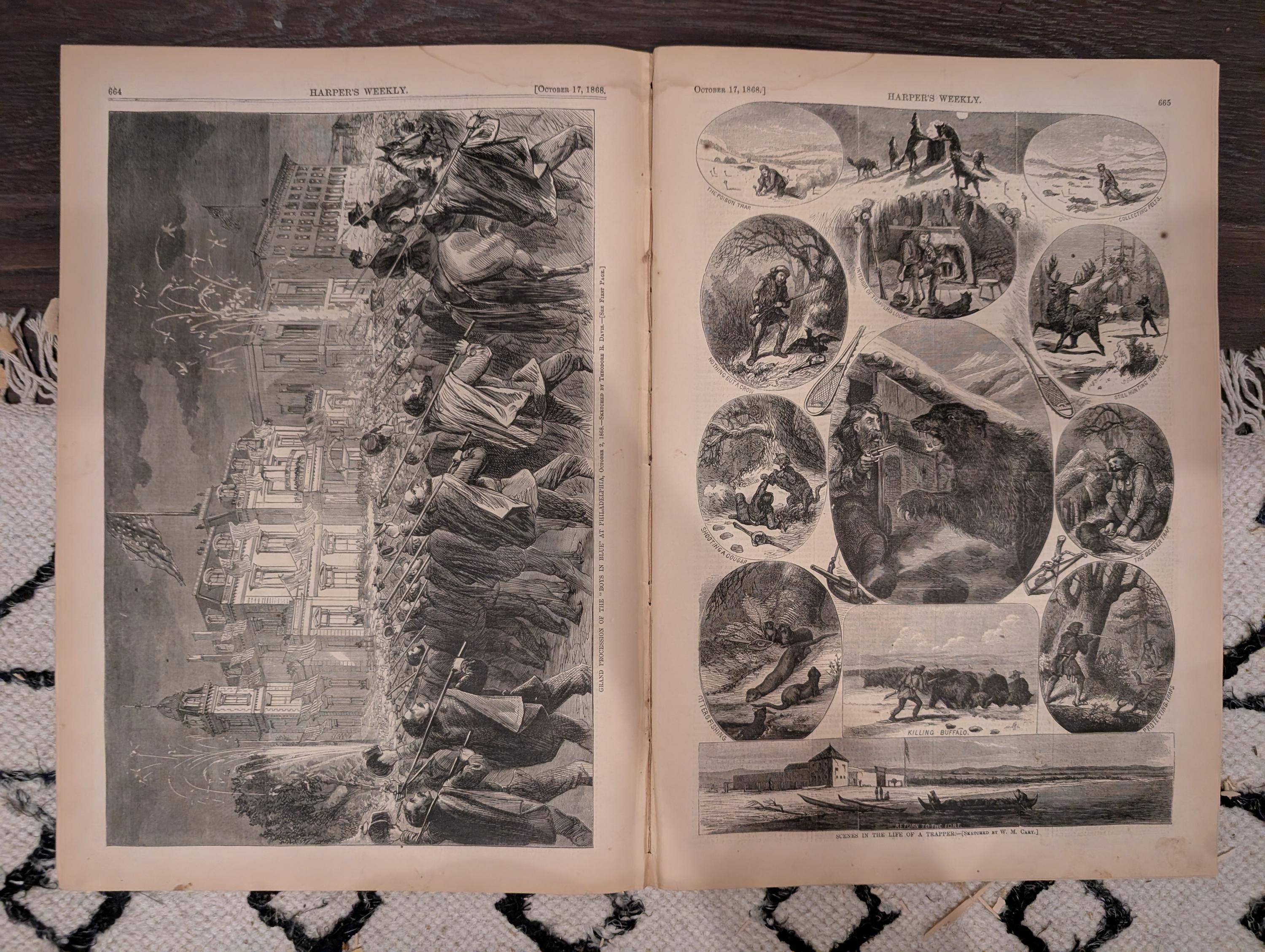 Harper’s Weekly – October 17, 1868 – Boys in Blue Parade • Life-Preserving Apparatus • Scenes in the Life of a Trapper • Indian Engagement