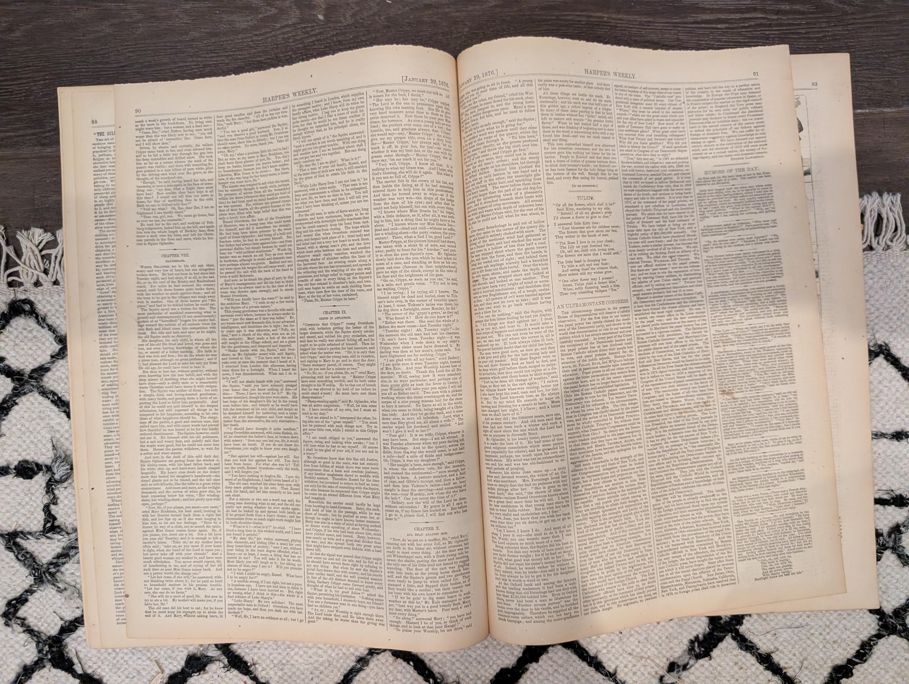 Harper’s Weekly January 29, 1876 – Victorian Engravings, Deer Stalking, Iceland Scenes, Elephant Fight, Smugglers Chase