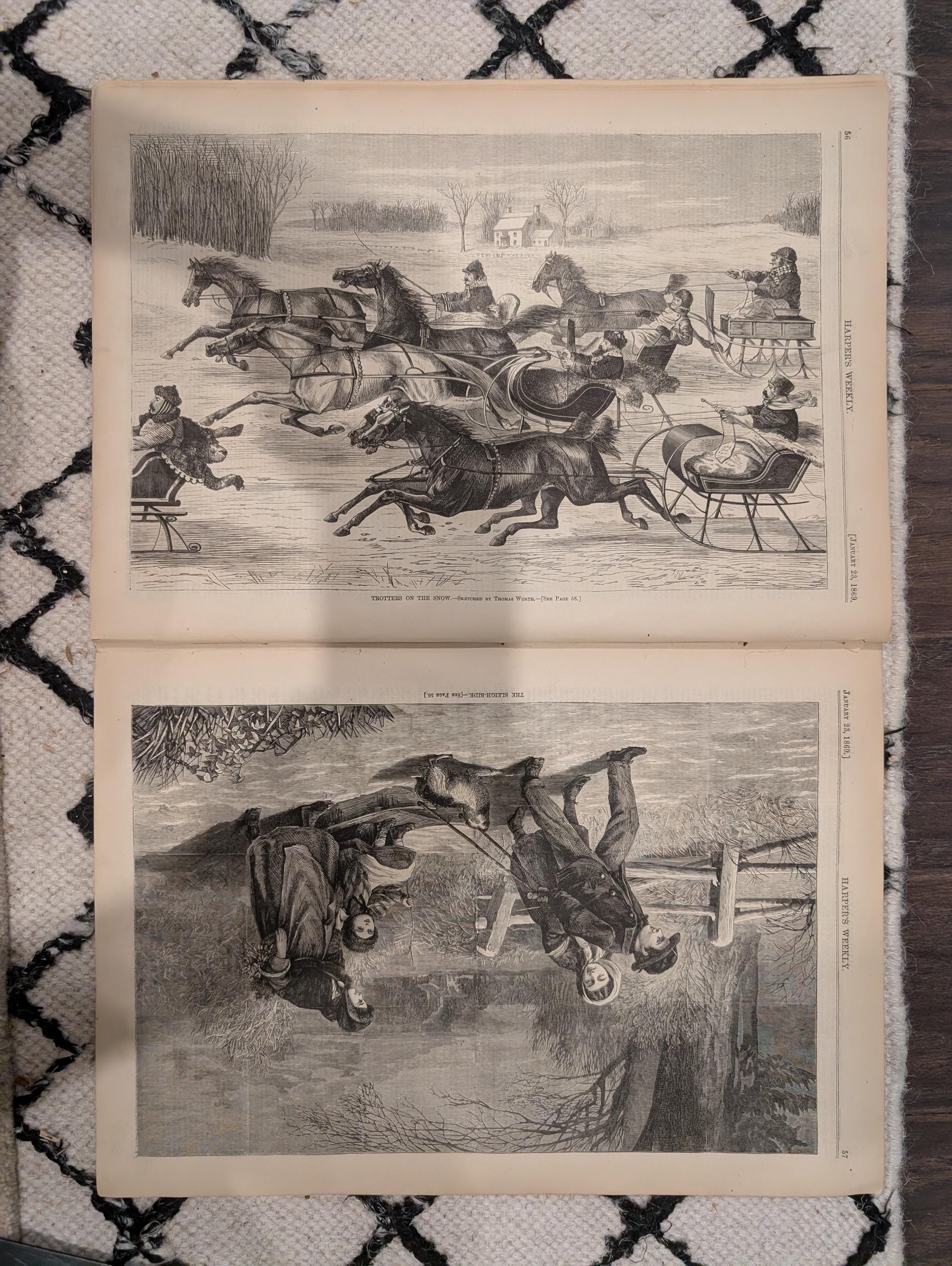 Harper’s Weekly, January 23, 1869 | “The Harp Girl” Front Page | Trotters on the Snow | Sleigh Ride | Antique Illustrated Newspaper