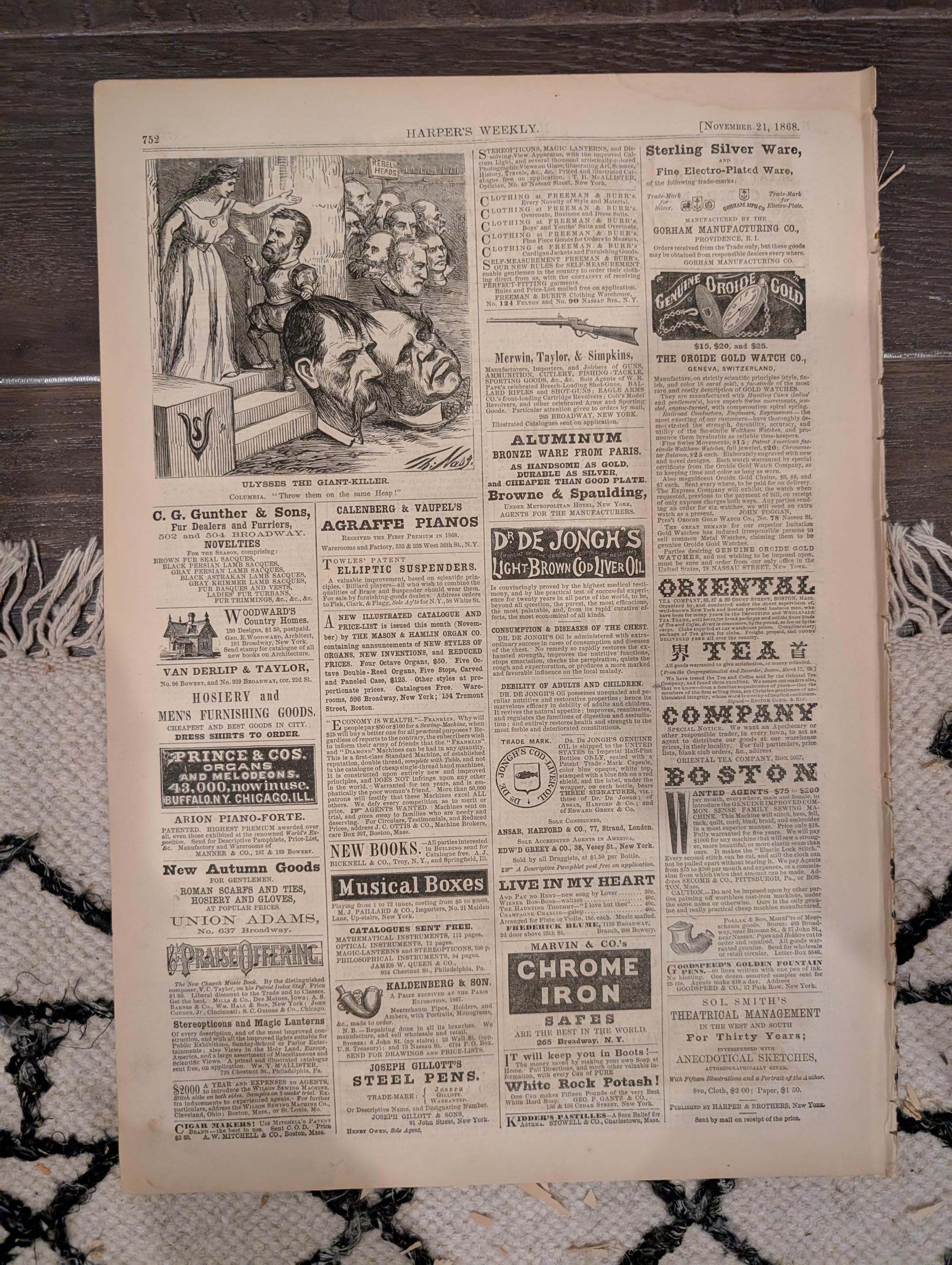 Harper’s Weekly – November 21, 1868 – YMCA Cornerstone • Petroleum Nasby • Adirondack Scenes • Texas Mustangs • Arica Earthquake