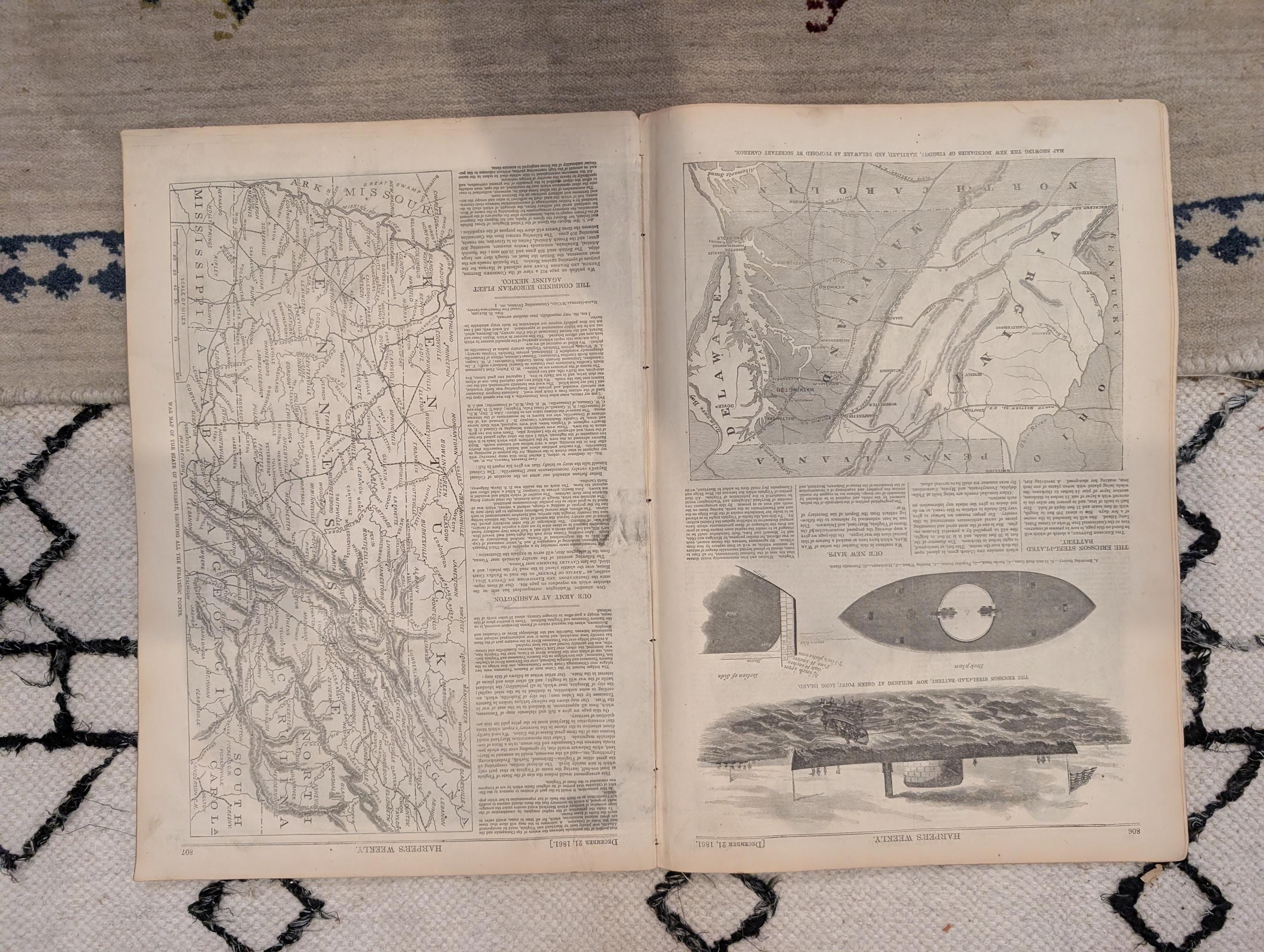 1861 Winslow Homer Bivouac Fire Harper's Weekly Dec 21 Ericsson Battery Tennessee Map