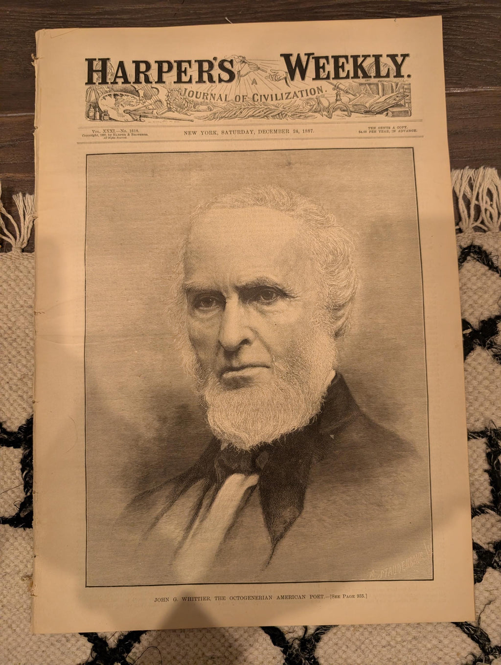 Harper’s Weekly Dec 24 1887 – Remington Canadian Mounted Police, Whittier Portrait, Captains Toast, Frontier Horse Auction