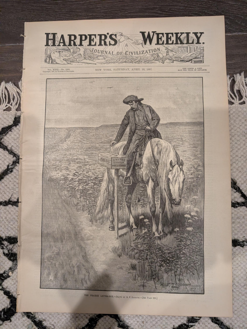 Harper’s Weekly April 23 1887 – Prairie Letter-Box, Denver Centerfold, Remington, Whitman, St. Augustine Fire