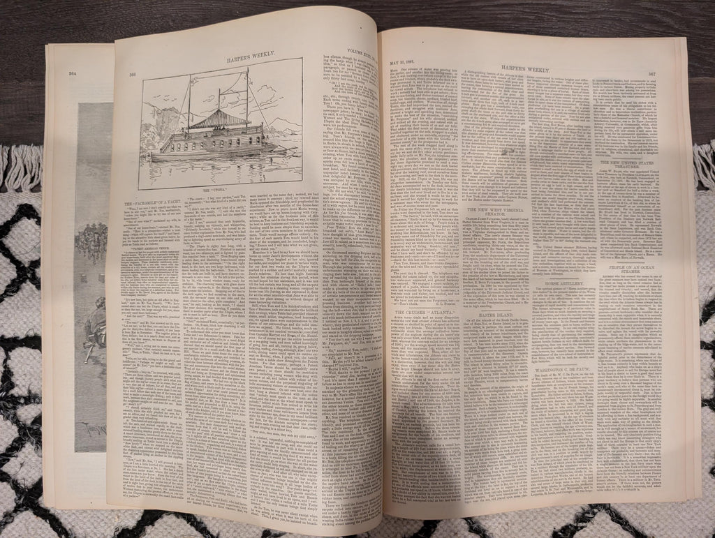 Harper’s Weekly May 21, 1887 – European Steamer Day, Easter Island, Horse Artillery, Atlanta Cruiser, Ads & Illustrations