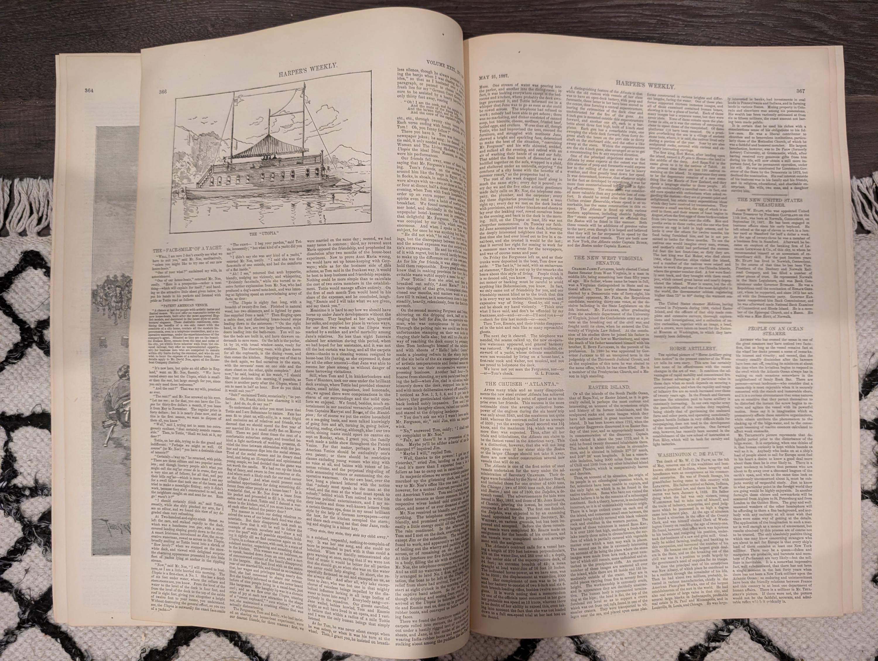 Harper’s Weekly May 21, 1887 – European Steamer Day, Easter Island, Horse Artillery, Atlanta Cruiser, Ads & Illustrations