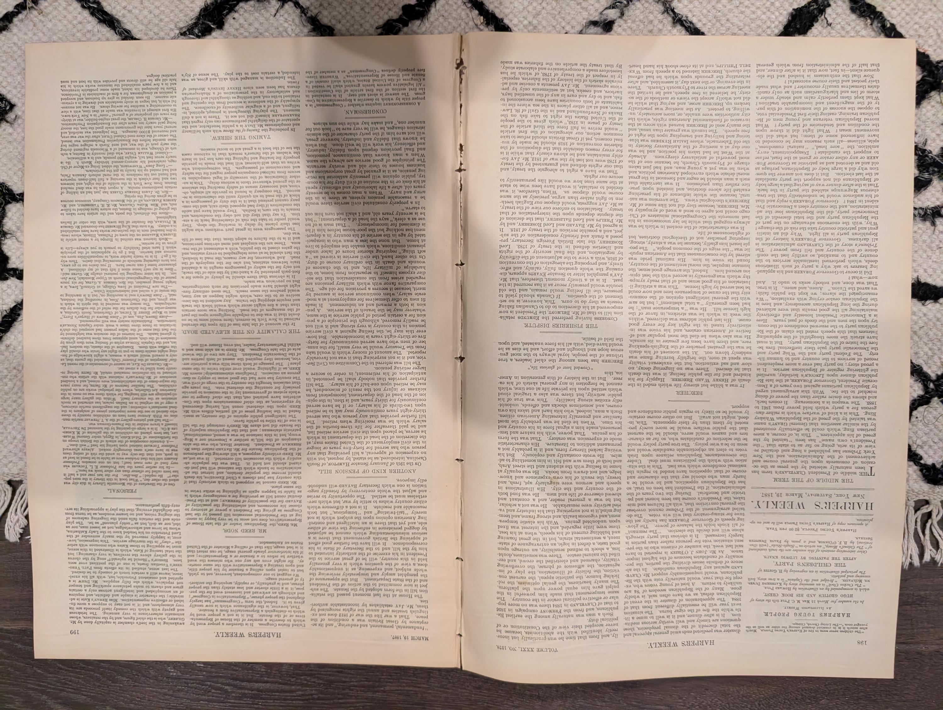 Harper’s Weekly – March 19, 1887 – Henry Ward Beecher Funeral, Geronimo’s Son, Cavalry Charge Centerfold, Fires, Portraits, & More