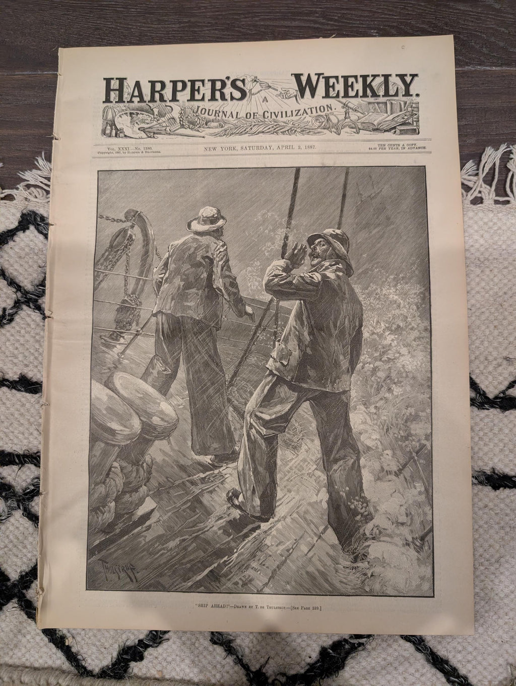 HARPER’S WEEKLY — April 2, 1887 — Mark Twain Bust, Republican Elephant, Casemate Fort Firing, Papago Indians, Ship in Storm