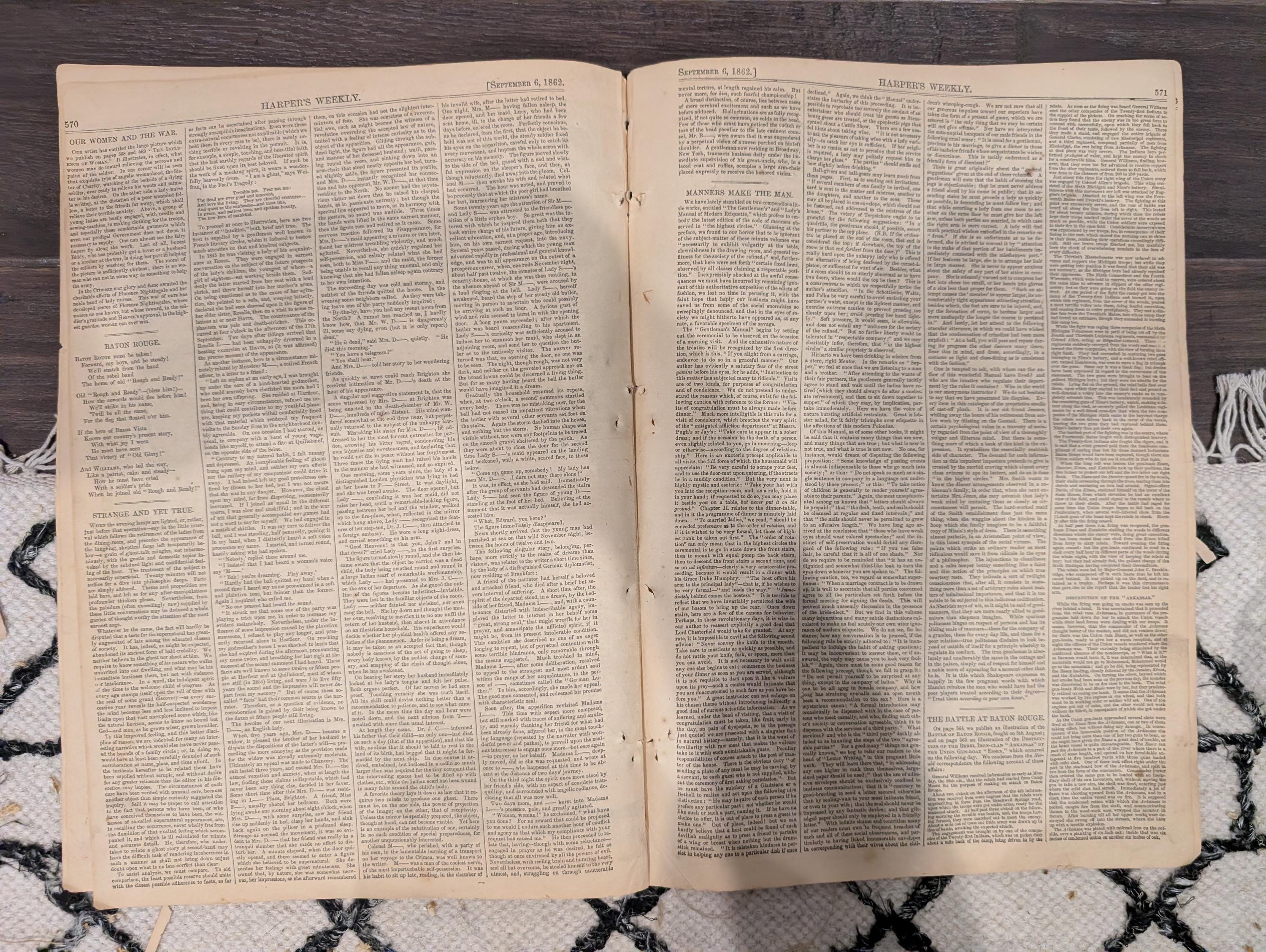 Harper's Weekly September 6 1862 Lincoln Letter to Greeley Winslow Homer Centerfold Civil War Ironclads Baton Rouge