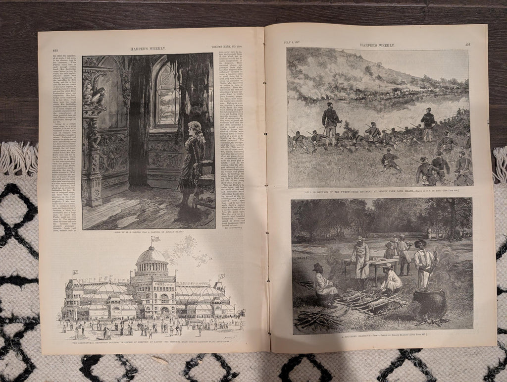 Harper’s Weekly — July 9, 1887 — University of Michigan Double-Page, 23rd Regiment Battle Scenes, Kansas City Exposition, General Sheridan,