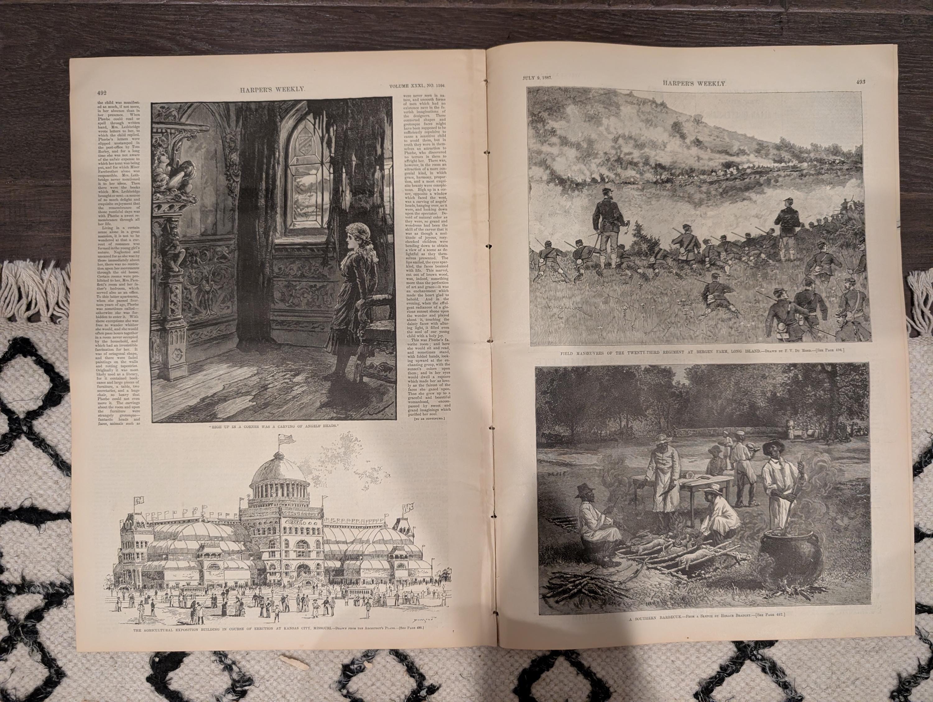 Harper’s Weekly — July 9, 1887 — University of Michigan Double-Page, 23rd Regiment Battle Scenes, Kansas City Exposition, General Sheridan,
