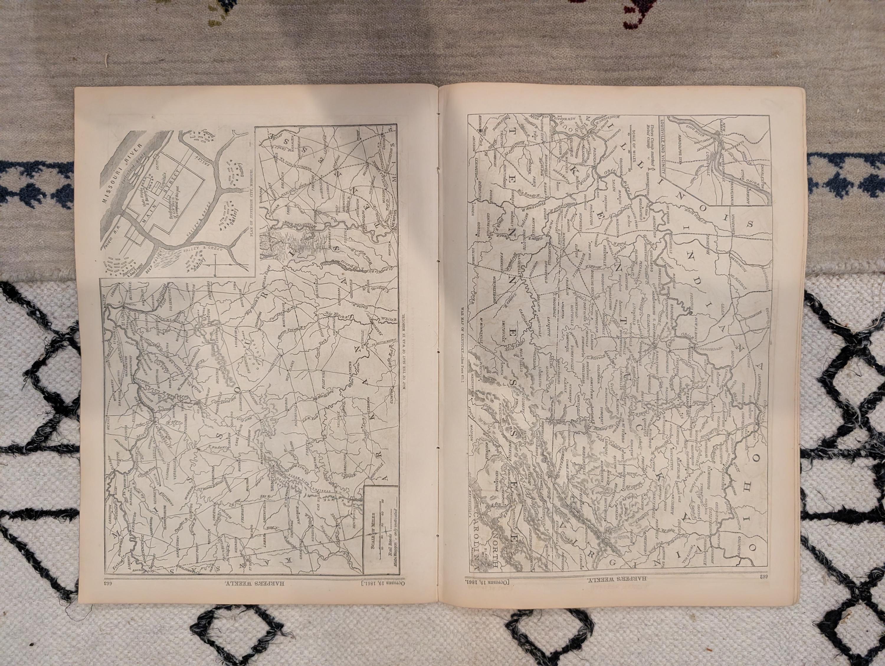 1861 War Map of Kentucky Harper's Weekly Oct 19 Ironclad Sherman Louisville