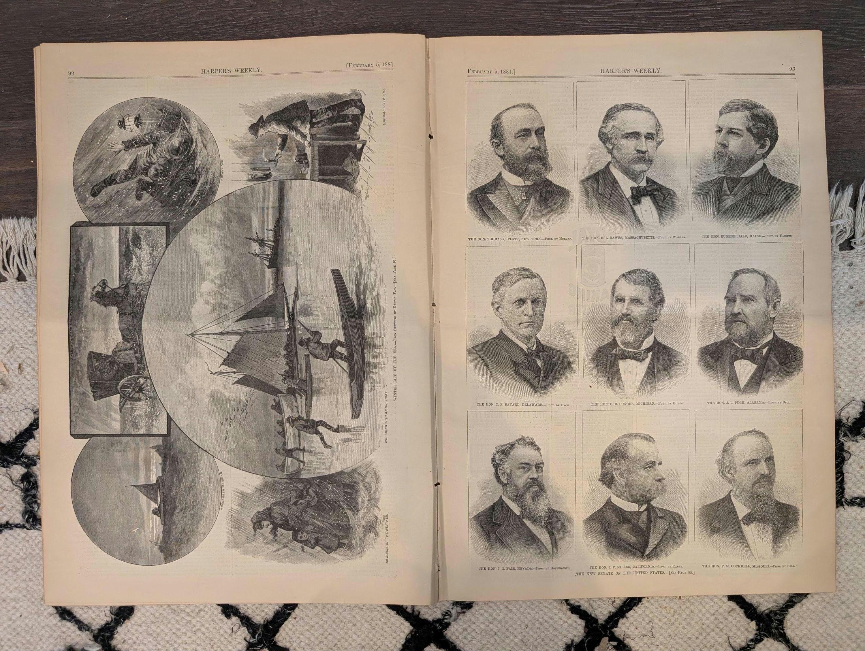 1881 Nast "Oh the Degradation," New US Senate Portraits, Watercolor Exhibition — Feb 5