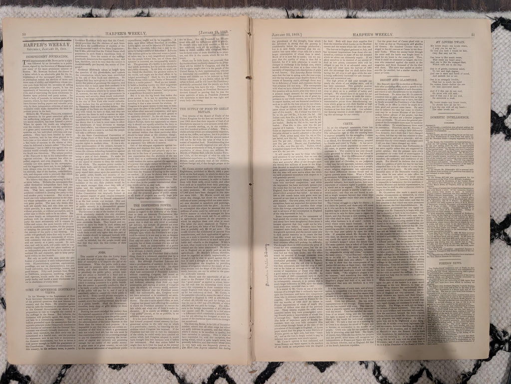Harper’s Weekly, January 23, 1869 | “The Harp Girl” Front Page | Trotters on the Snow | Sleigh Ride | Antique Illustrated Newspaper
