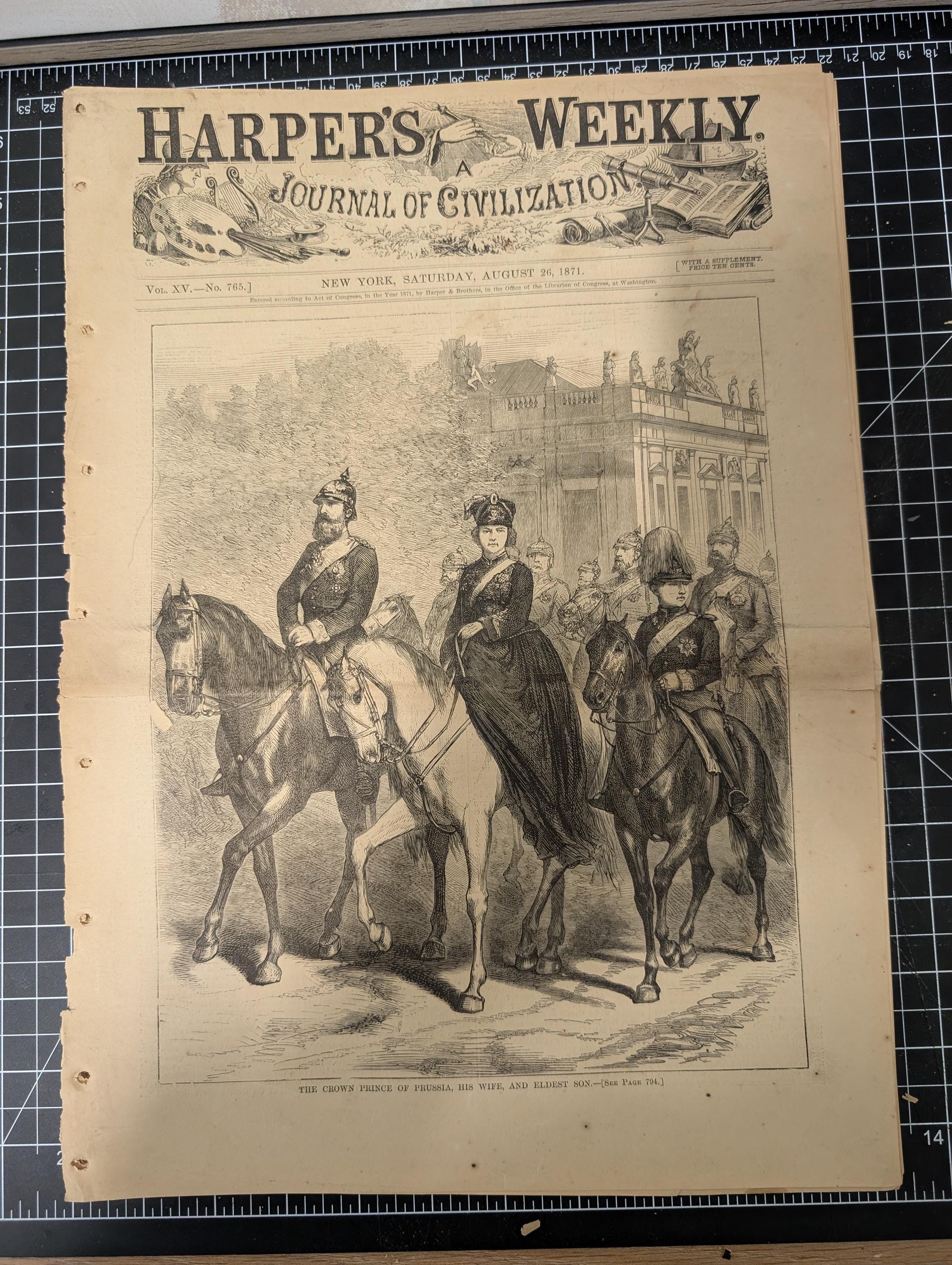 Harper’s Weekly – August 26, 1871 | Thomas Nast Cartoon & Portrait, Buffalo Hunt, Cape May Humor, Crown Prince of Prussia, Complete w/ Suppl