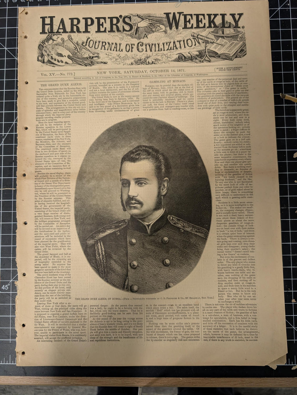 Harper’s Weekly – October 14, 1871 – Complete w/ Supplement (24 pages) | Grand Duke Alexis, Nast Tweed Ring Cartoons, Elephant vs. Bull Figh