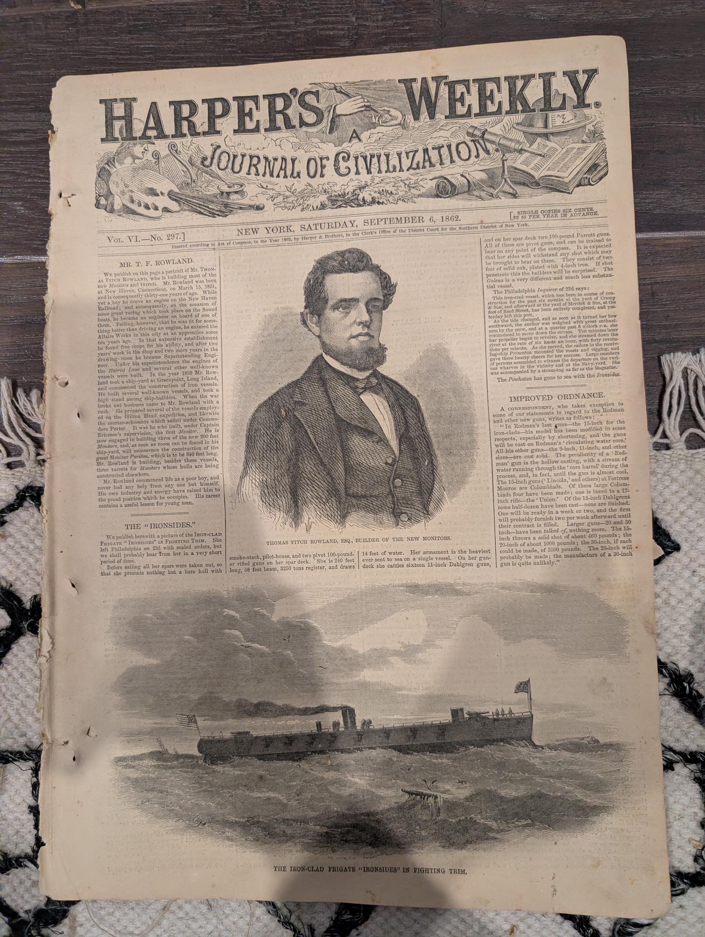 Harper's Weekly September 6 1862 Lincoln Letter to Greeley Winslow Homer Centerfold Civil War Ironclads Baton Rouge