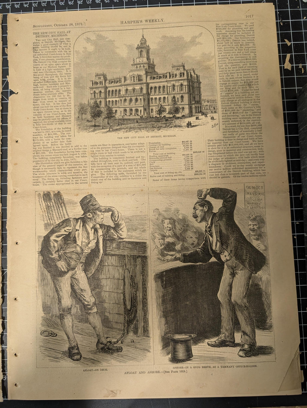 Harper’s Weekly – October 28, 1871 – Complete w/ Supplement (24 pp) | Great Chicago Fire Engravings, Octavius Catto, Nast Cartoon