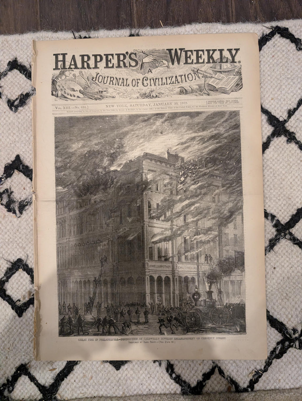Harper’s Weekly, January 30, 1869 | Great Fire in Philadelphia | Chicago River Tunnel | Antique Illustrated Newspaper | VG Condition