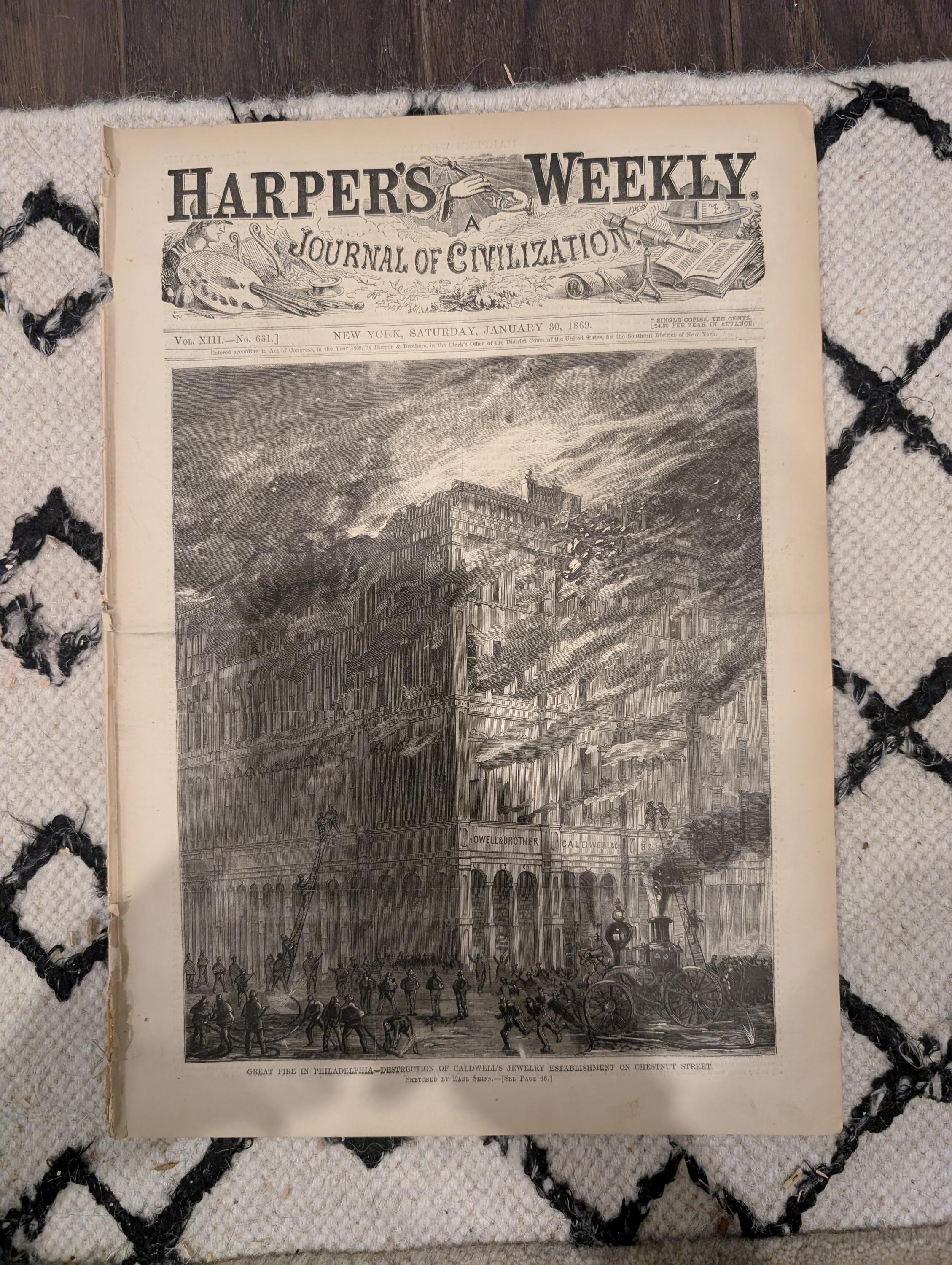 Harper’s Weekly, January 30, 1869 | Great Fire in Philadelphia | Chicago River Tunnel | Antique Illustrated Newspaper | VG Condition