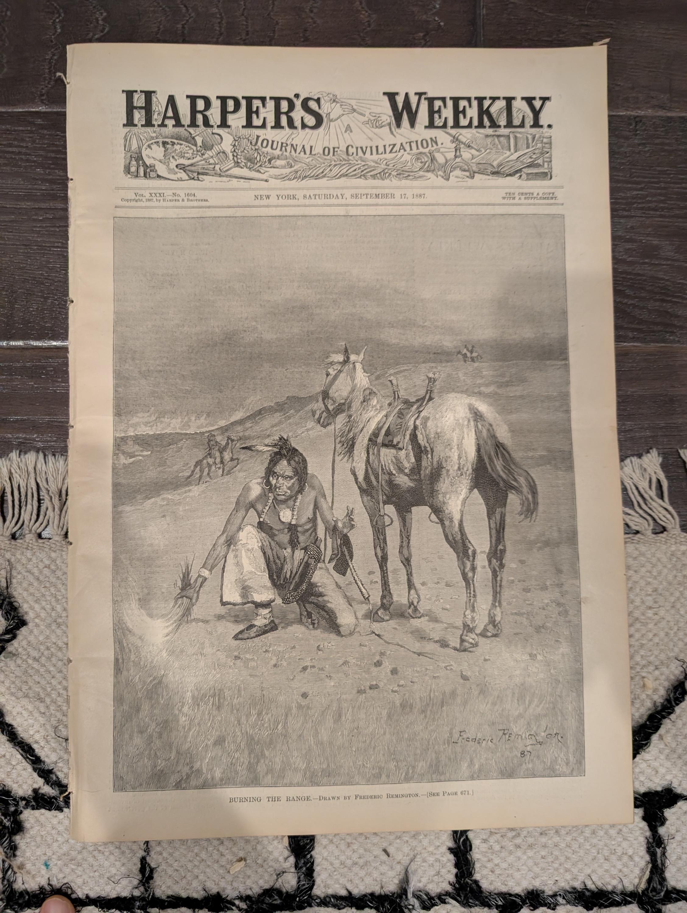 Harper’s Weekly – September 17, 1887 – Frederic Remington Cover “Burning the Range,” Tennis Centerfold, Hudson River Tunnel, Amsterdam Sketc