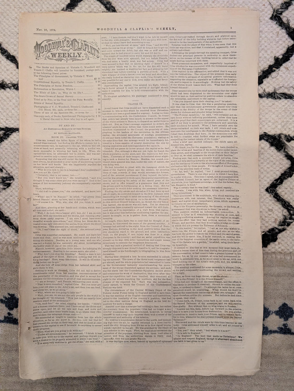1874 Woodhull & Claflin's Weekly — Victoria Woodhull, Aerial War, Spirits — Nov 28