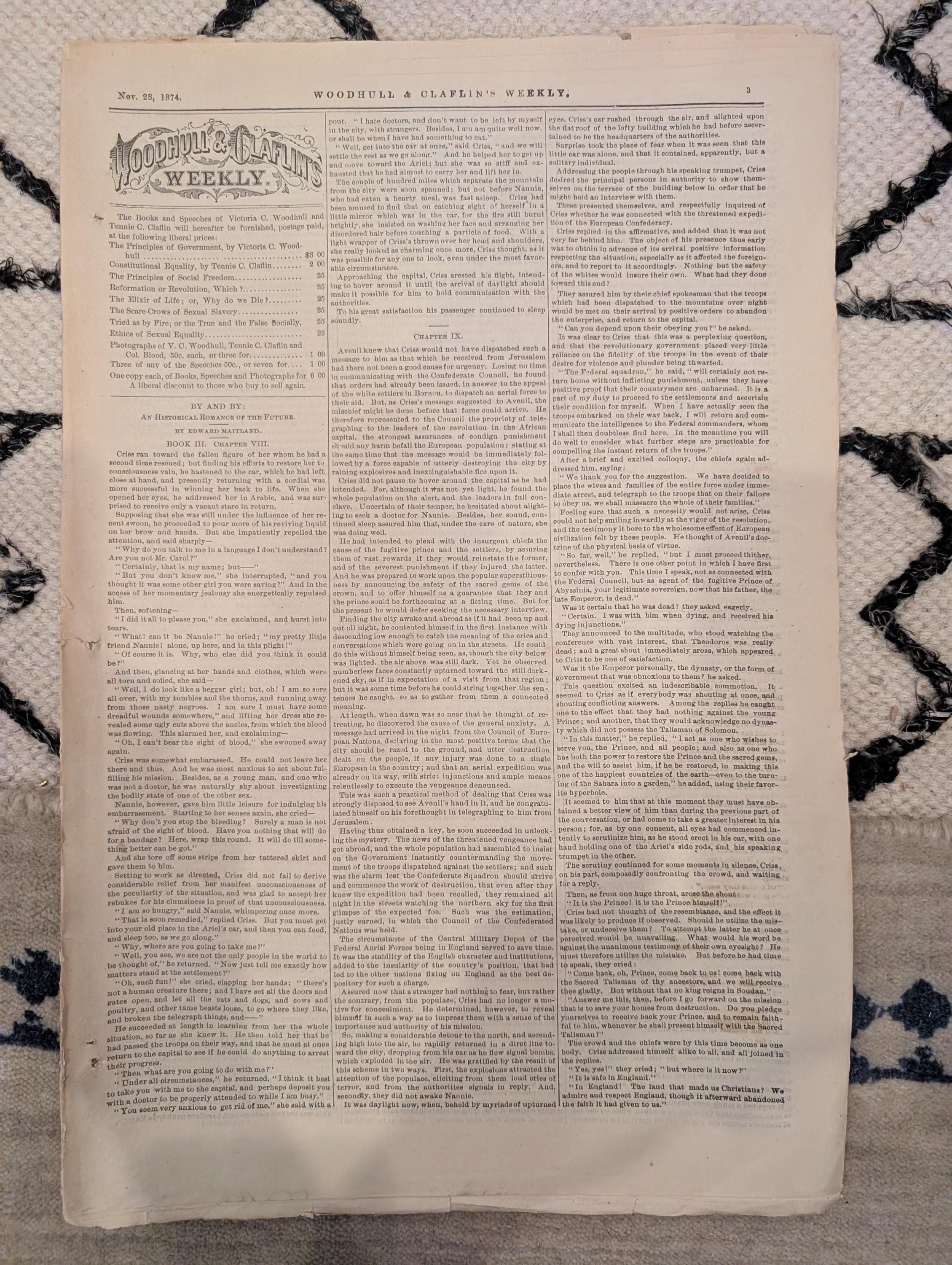 1874 Woodhull & Claflin's Weekly — Victoria Woodhull, Aerial War, Spirits — Nov 28
