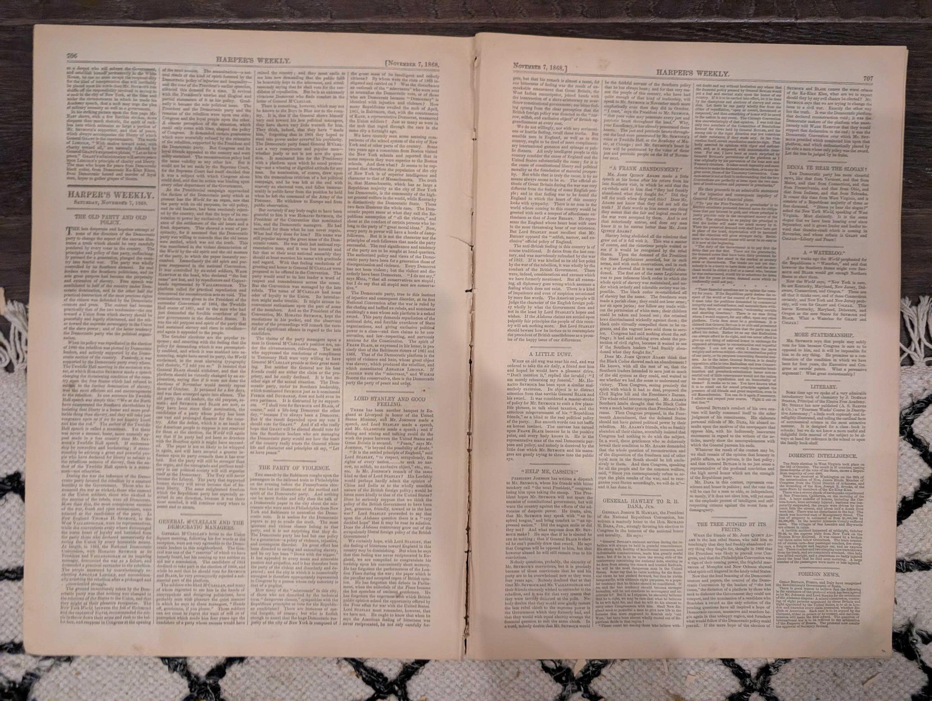 Harper’s Weekly – November 7, 1868 – Thomas Nast “Wilkes Booth the Second” • Richmond Market • Seville Giralda • Peru Earthquake