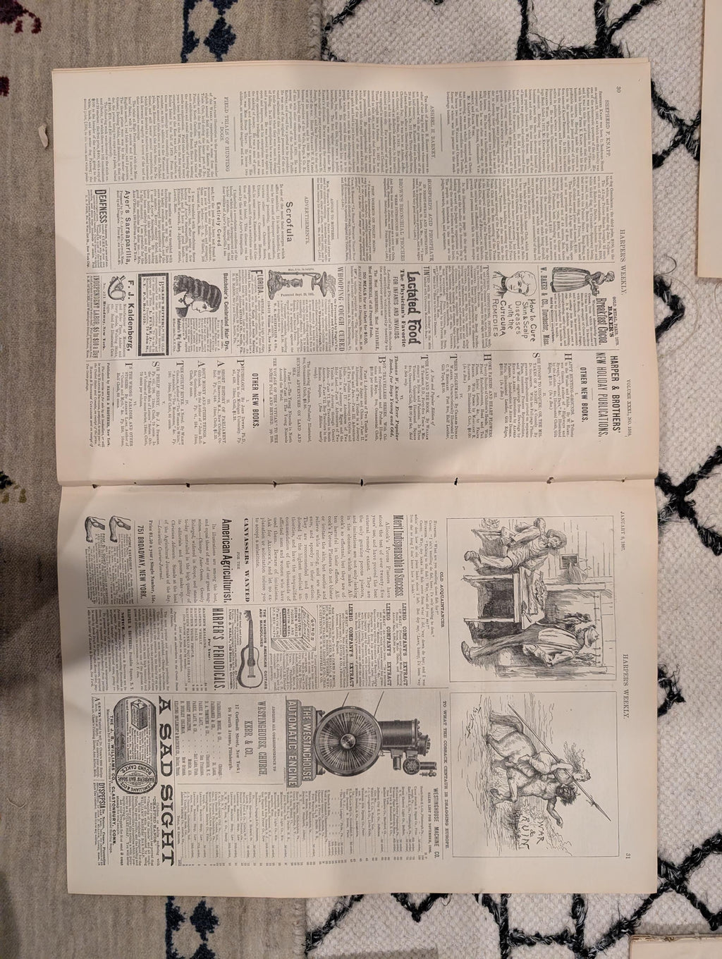 Harper’s Weekly – January 8, 1887,  Dramatic Fire Scene • Sporting Dogs • Lumber Raft • General Logan Fu