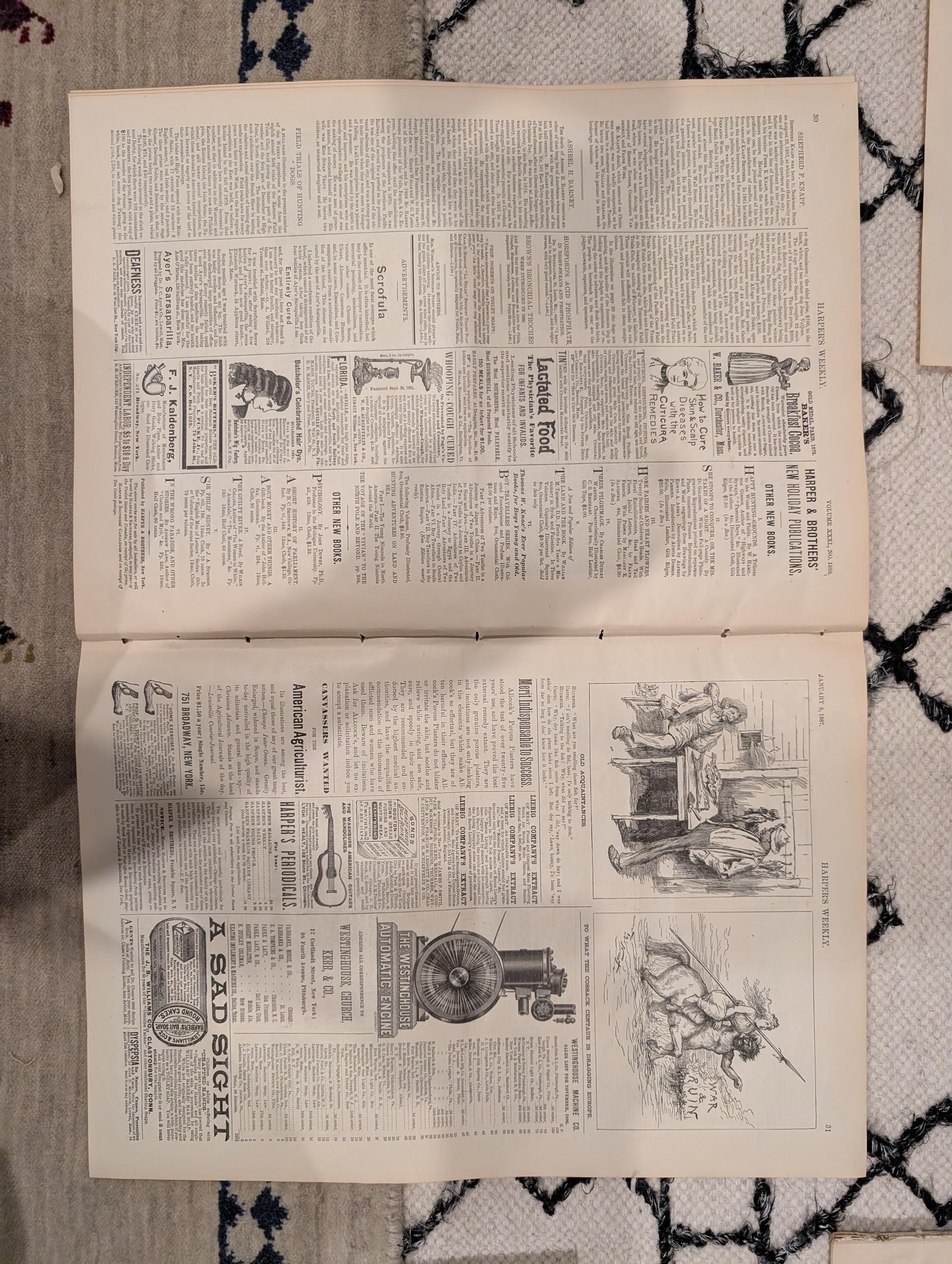 Harper’s Weekly – January 8, 1887,  Dramatic Fire Scene • Sporting Dogs • Lumber Raft • General Logan Fu
