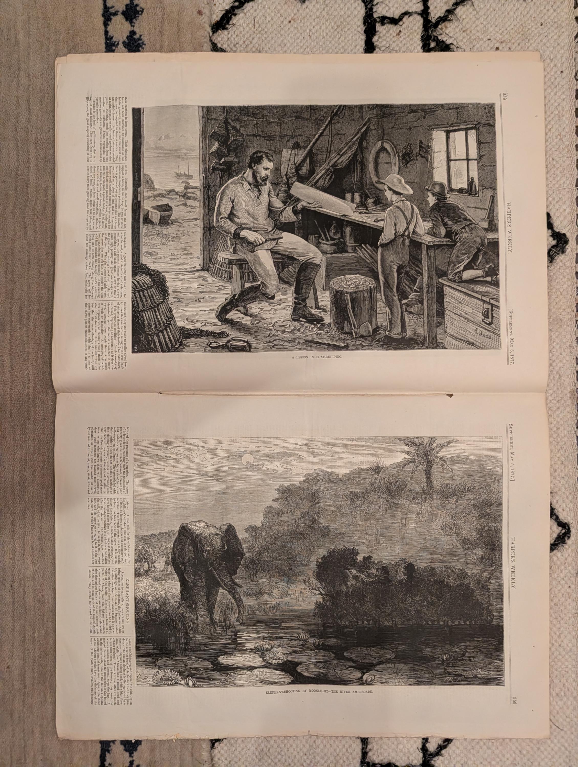 1877 Nast Uncle Sam, Kyoto Japan, Elephant Moonlight, St. Louis Fire — May 5