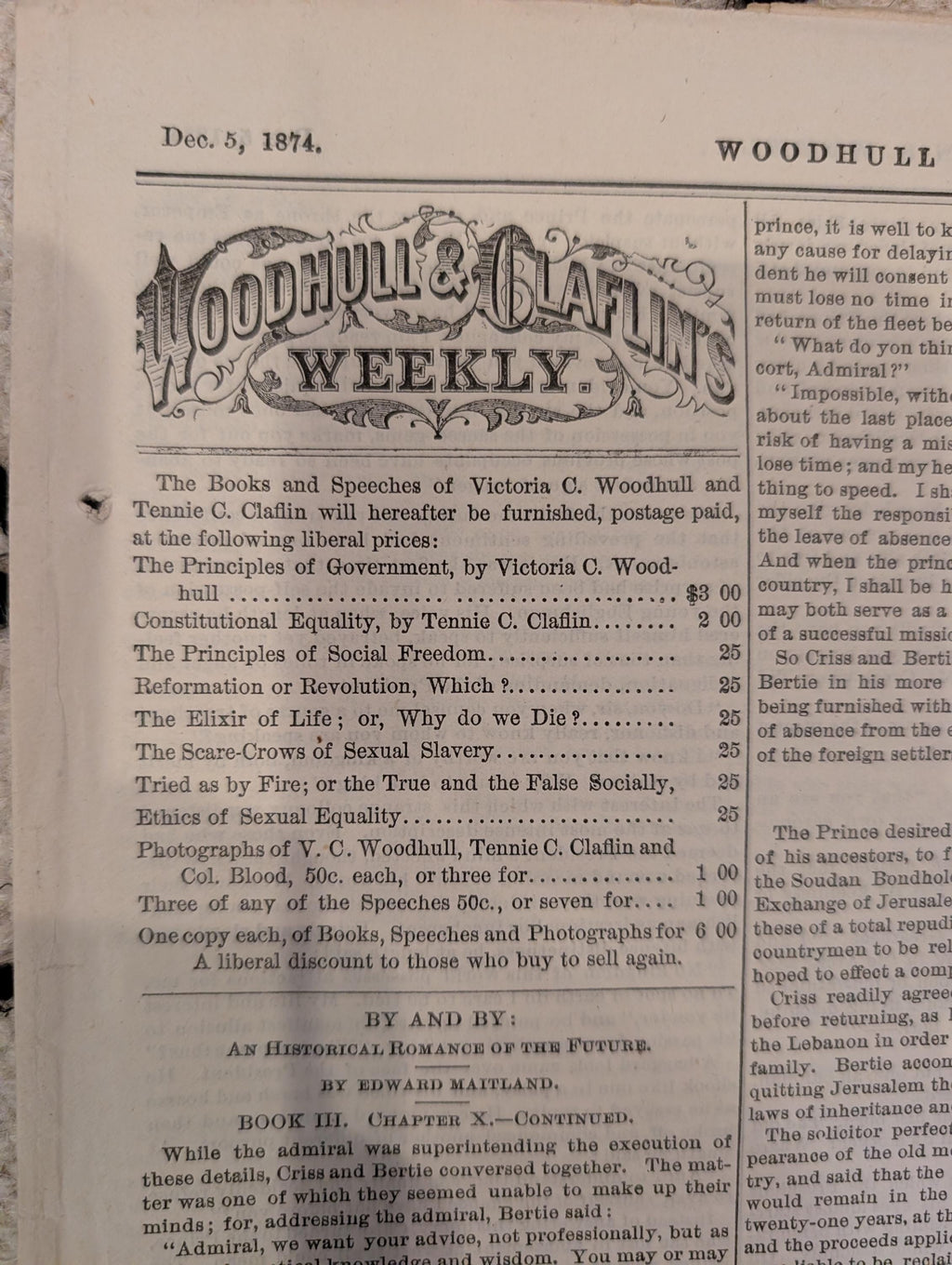 1874 Woodhull & Claflin's Weekly — Victoria Woodhull, Free Love — Dec 5